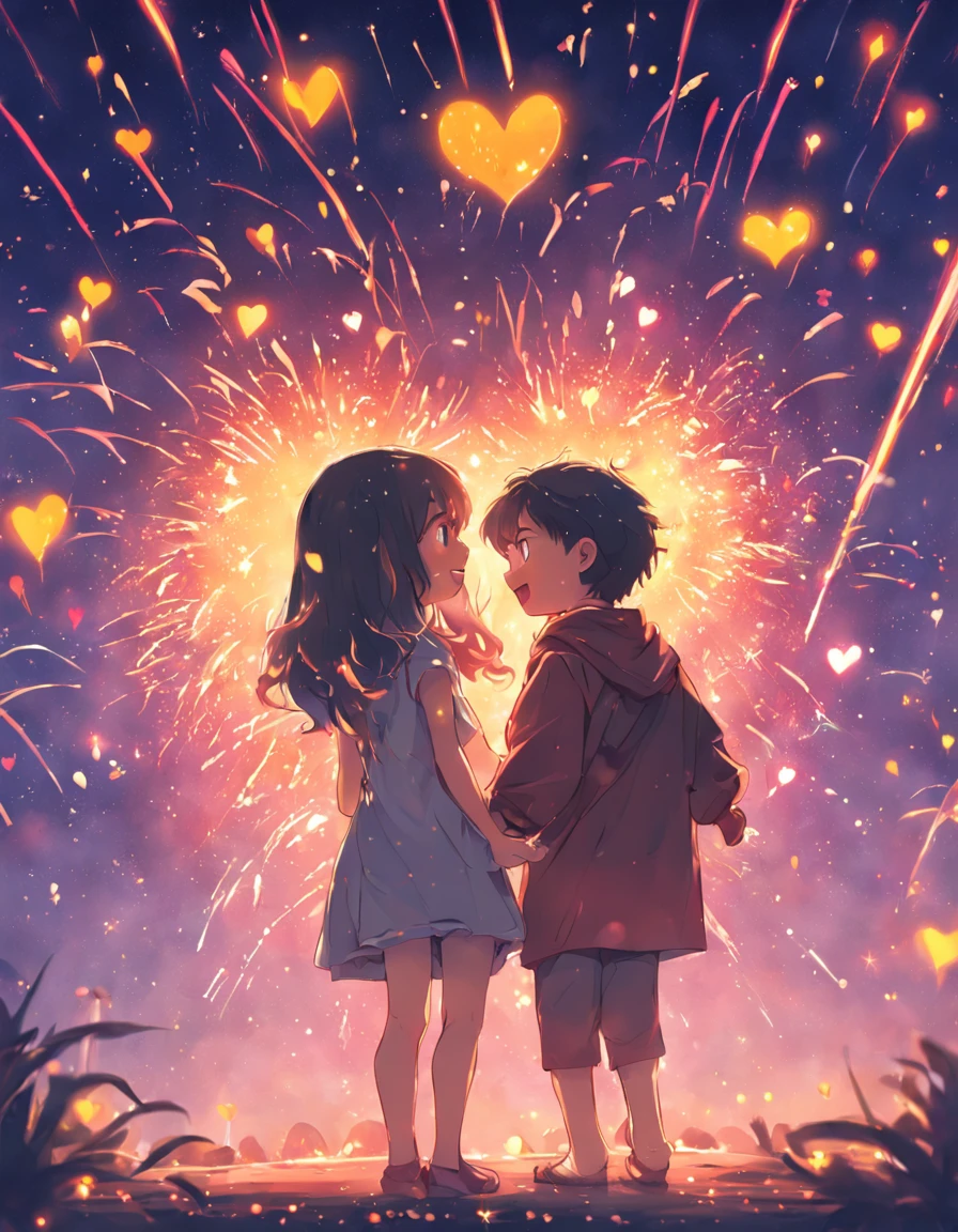 the night,Colorful,Fireworks all over the sky,Heart-shaped bubbles,Child couples,Cartoony,Chubby and little boy ch other,Glowing fireflies around,,Cute and cute,KIDS ILLUSTRATION,Glow effects,Dingdall effect,depth of fields,high light,Real light,Ray traching,oc rendered,Hyper-realistic,best qualtiy,8K,Works of masters,super-fine,Detailed pubic hair,Correct anatomy,sharp focus on eyes,Bokeh,Facial features are carefully depicted