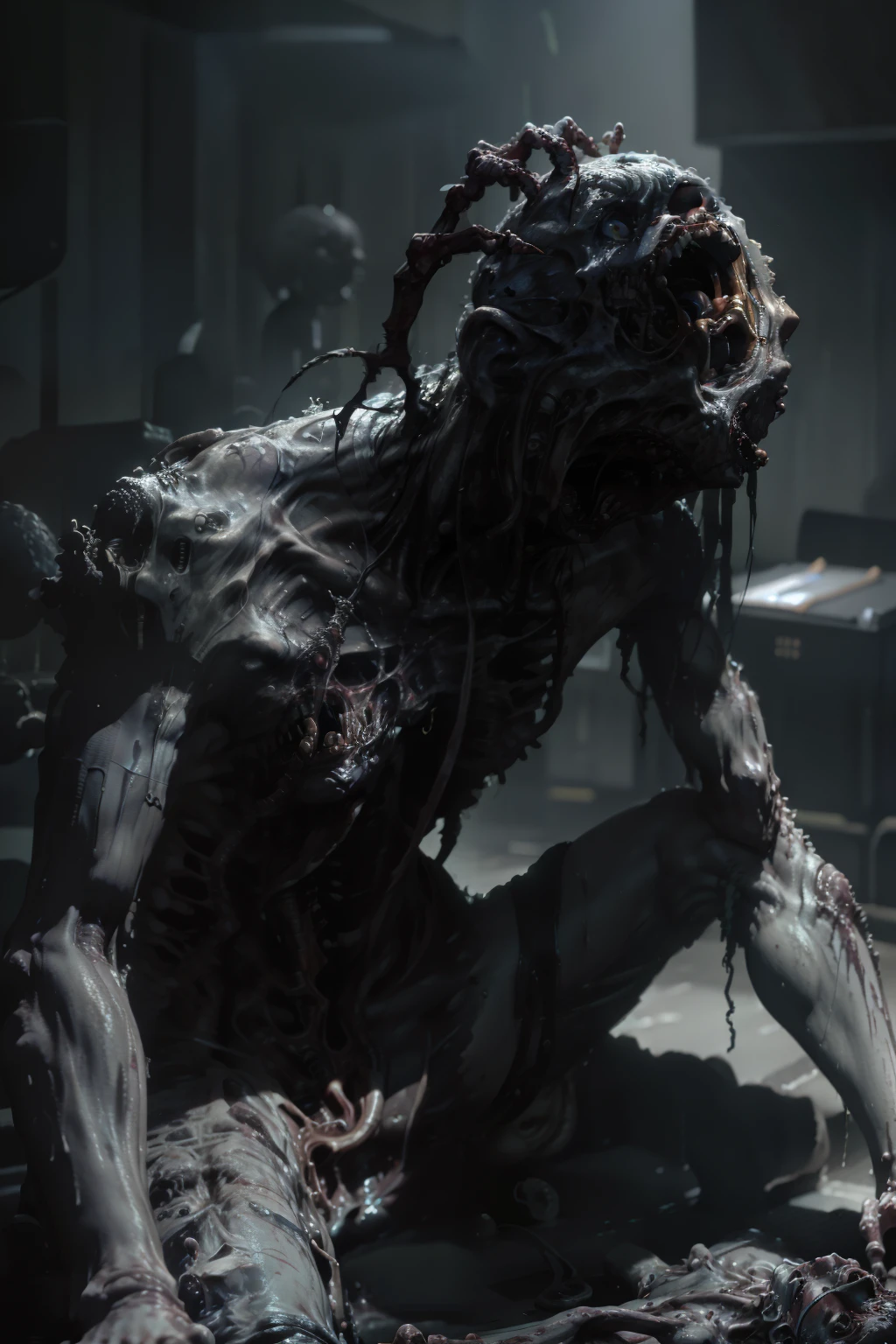 Skinny zombie with cables coming from his head, on knees, horror, sci Fi, ominous atmosphere, masterpiece, ultra detailed, photorealistic.