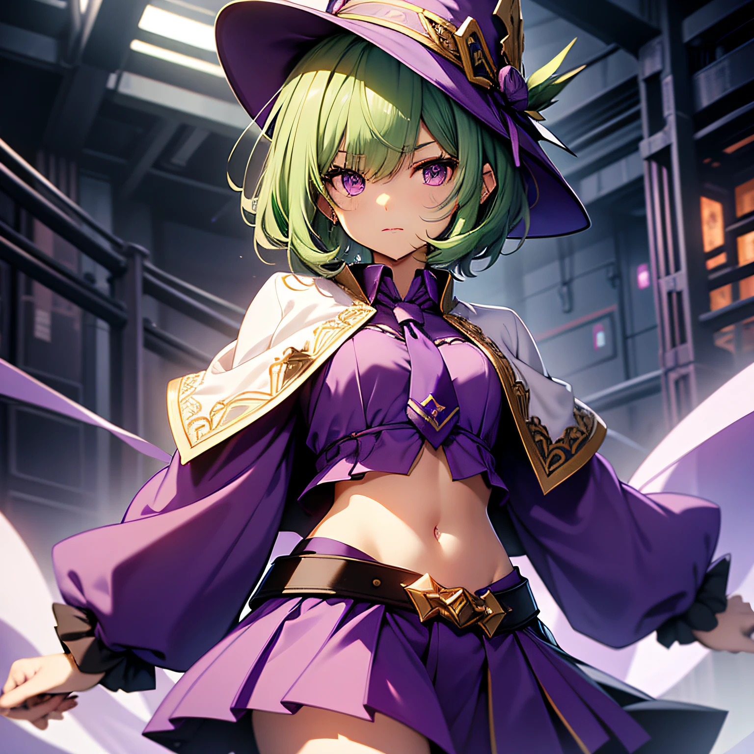 Top  Quality、extremelydelicateandbeautiful、(Teenage girl)、Purple eye、Green hair、small tits、short-haired、(Purple pointy hat)、soio、Half-sleeved、Purple skirt、Purple Wizard Robe、Navel