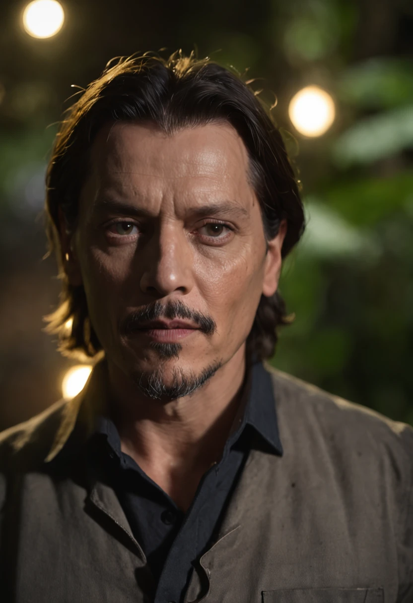 Johnny depp walking through the jungle at night, rough face, beautiful eyes, detailed skin, masterpiece, (night among fireflies), professional photography, (high detail:1 1), natural skin, , (detailed face and eyes), (face: 1 2), noise, real photo, lamp film photography, high resolution, 8k, realistic, 8k UHD, Sony a7c camera, high quality, film grain, (Sony a7c, FE 35mm F1.4 GM lens, Lens focal Length 35 mm, Shutter speed 1/60 sec, F number F1.4, Exposure correction value+0.0 EV, ISO 100), volumetric lighting, soft lighting, dark background, dark fantasy, highly detailed, sharp focus, shallow depth of field, bokeh, blurry background, high contrast, contrast lighting, dim colors, exposure blend, (dusty:1.3)