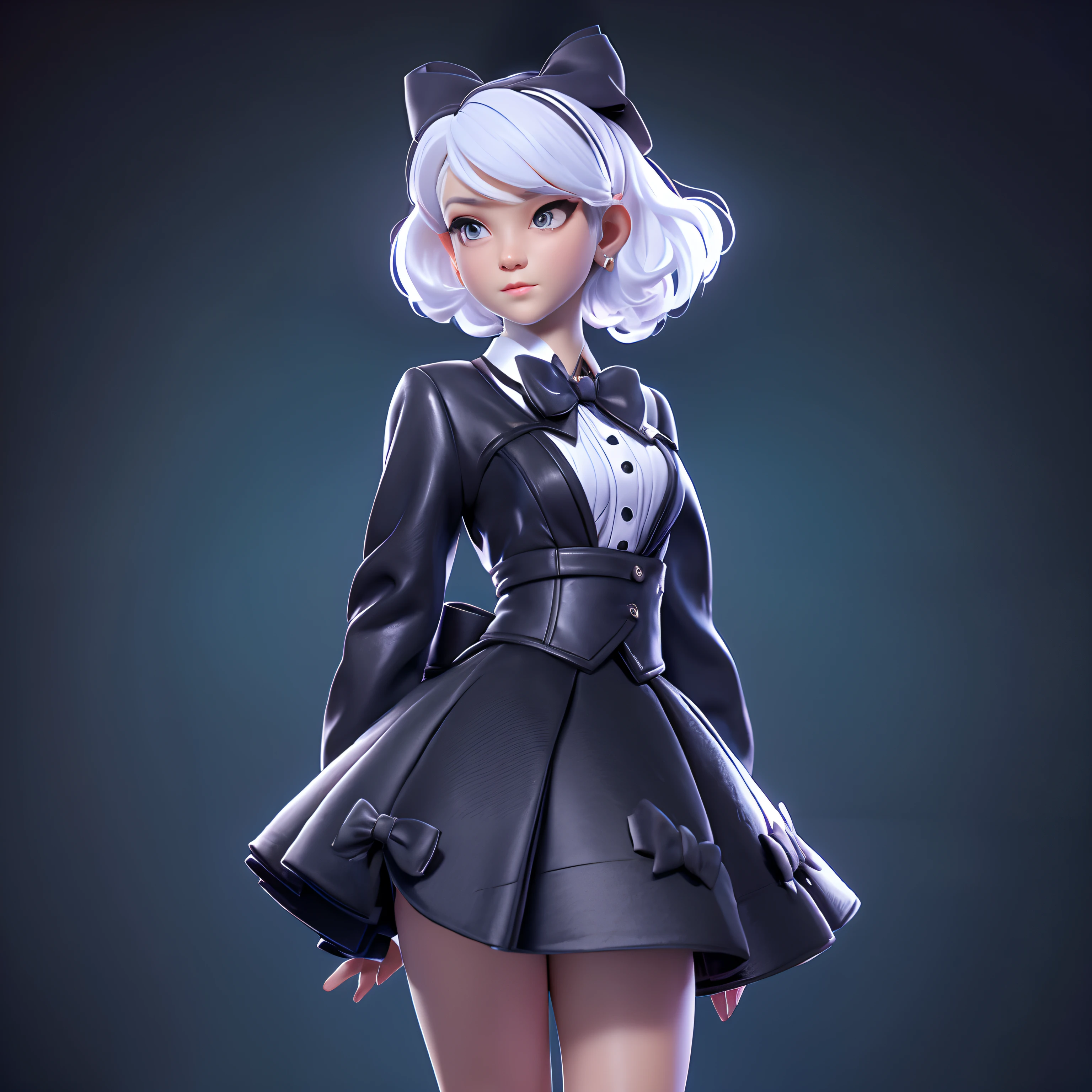 with short white hair,Black dress,short skirt,Blue bow,Expensive,teens girl,flatchest,Standing painting