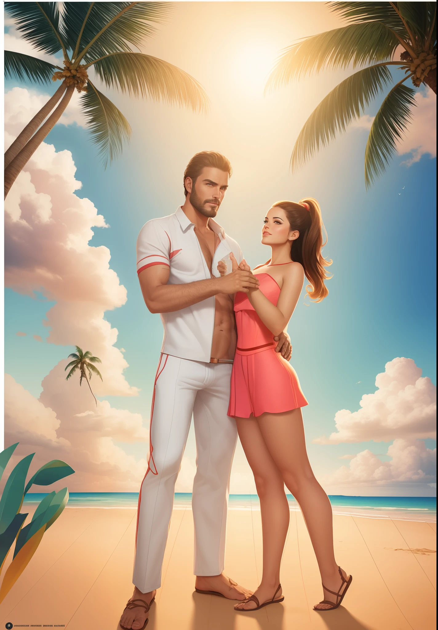 A man and a woman stand on a beach with palm trees, Brunette in the top, stylized digital illustration, romance novel cover, tropical beach, Summer season, letho, promotional art, official artwork, official illustration, CG art