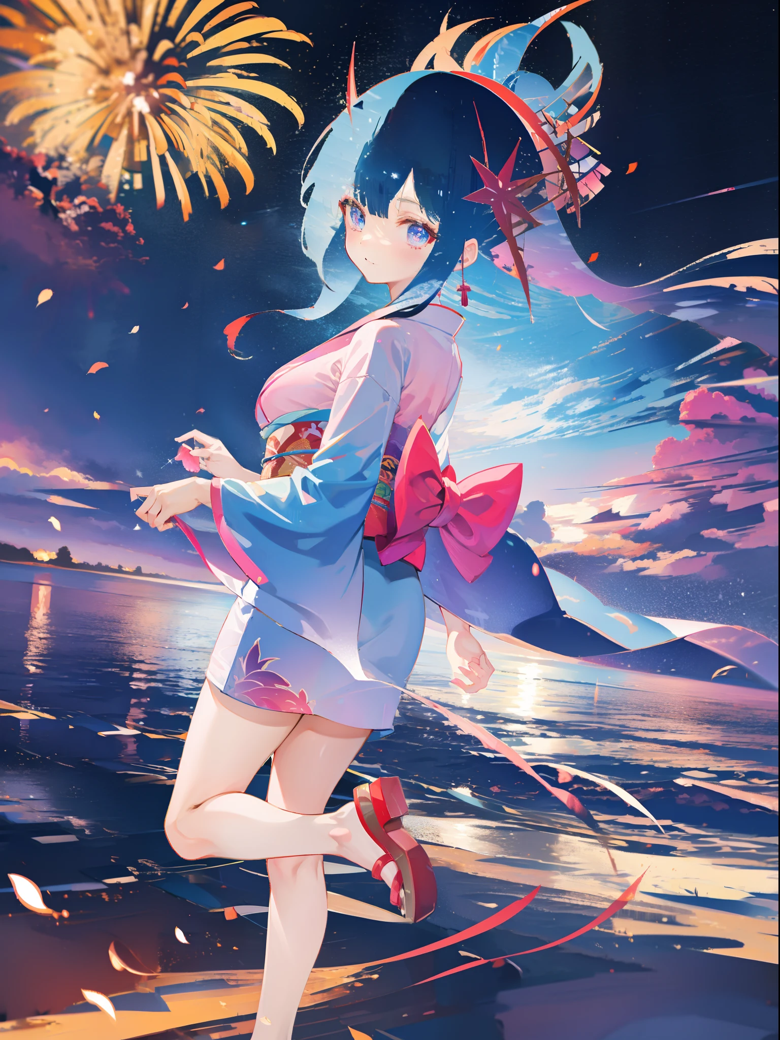 Dark Magician Girl、MKSKS style、1 person、(highly detailed back ground:1.0)、(highly detailed back ground:1.0)、​masterpiece、top-quality、超A high resolution、in 8K、full body Esbian、They enjoy、Looking at the sky、Break HA、(1/2 and 1 orange/2 green hair)、BREAK、Detailed skin、glowy skin、espadrilles、A detailed eye、Blue eyes、Burning cheeks、Wearing makeup、Laughing、Large breasts、Break HA、(1/2 pink and 1/2 Light blue kimono、detailed kimono)、BREAK、(Fireworks Festival:1.3)
