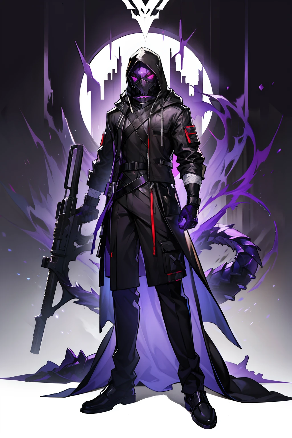 hooded figure, masked, purple glowing eyes, menacing, buff, gloves, purple trims, dark clothing, arknights character, arknights style, (masterpiece), cargo pants, belts. robe, coat, masked face, resting pose, standing up, fullbody, dark outfit, arknights operator, full face mask, long gun, dragon tail