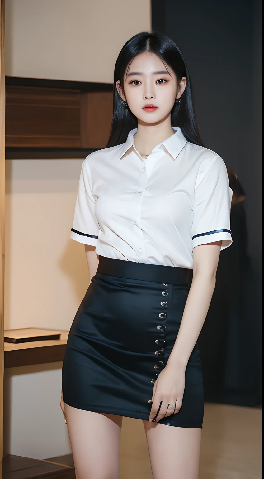 cool business girl、Tight mini skirt formal suit(light gray)、black shirt、、good style、、whole body、light brown pantyhose、long black hair、office Street