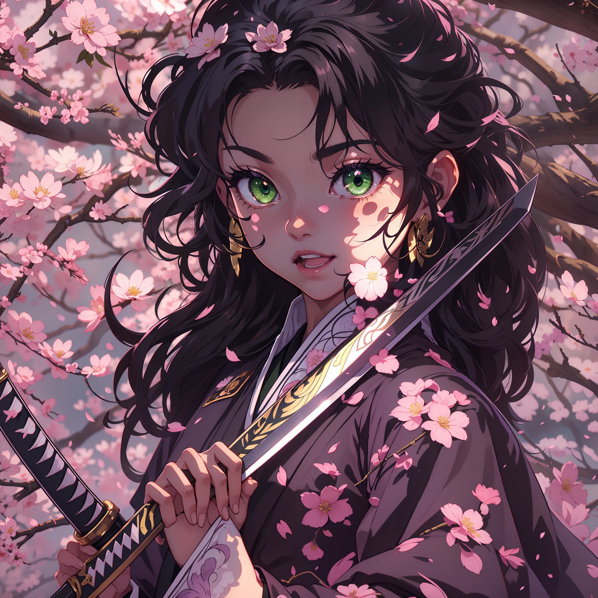 1 person,Beautiful dark skin girl standing under a cherry blossom tree holding a nature katana, long black hair elegantly curled, beautiful handcraft gold flower pins in hair, bright smile, plump big lips, big glowing green eyes, wearing demon slayer uniform, loose black demon slayer pants fastened by a big white belt, wearing a traditional green haori with purple and red flower patterns over black demon slayer uniform,demon slayer style, 8k resolution, high quality, best quality, (masterpiece), highly detailed, good shadows,