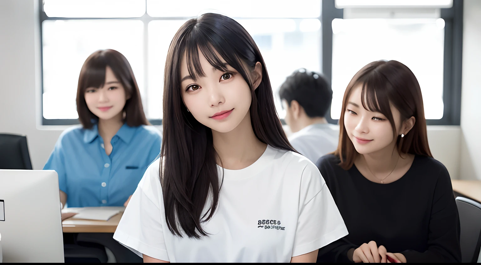 高位のwoman、grinning expression、wearing a white shirt、studio photography、inside the house、3people々'woman、white button shirt、大きなwhite button shirt、various poses、gravure、Only sexy red panties underneath、3Take pictures side by side with people々、Commemorative photo、