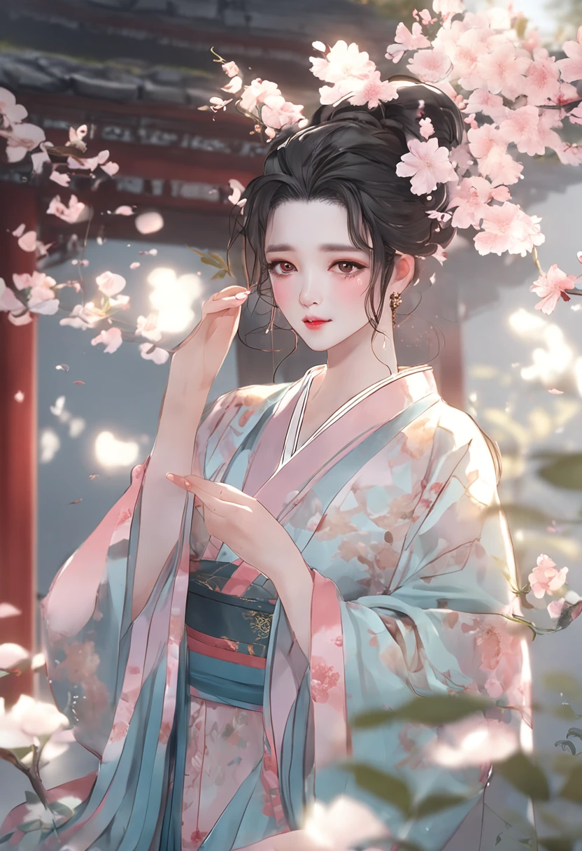 Miss Hanfu,Elegant literature,Fresh and natural,Flowers,The costumes are gorgeous,Exquisite details,Bright soft light,Gentle smile,Pastel tones,The breeze is blowing,Ancient rhyme.