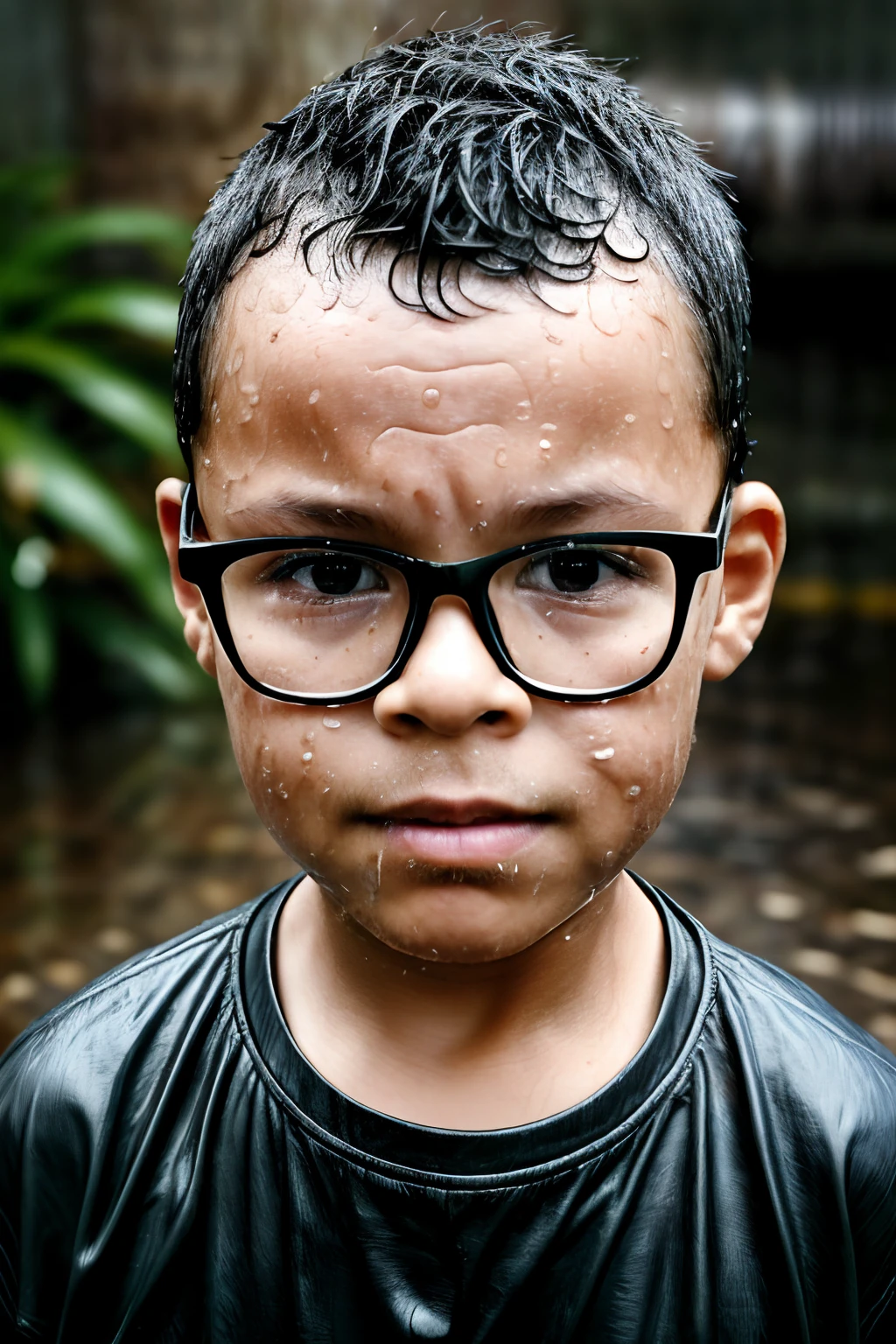 guttonerdvision10, A RAW photograph capturing a hyper-realistic portrait of a 3-year-old boy wearing glasses, Standing in the rain. The boy is soaked, with water dripping from her hair and face, and his clothes are soaked. This detailed image highlights your skin with a level of detail in 1.3, revealing the texture and natural features of your face.

The rain creates a unique and attractive atmosphere, with water droplets clinging to the boy's face and hair. His expression captures the authenticity of the moment, showing a sense of wonder and playfulness despite getting wet.

The photograph is presented in UHD with a hyper-realism level of 1.3, garantindo uma qualidade visual excepcional. Rendering is done using Octane, providing a realistic portrayal of the damp environment and the genuine and emotional expression of the boy, tornando-o uma imagem poderosa e evocativa.