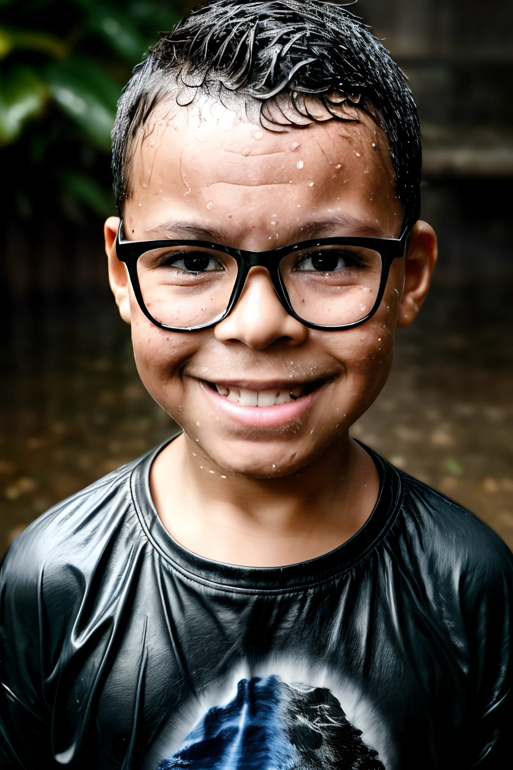 create a vivid description for a front-facing portrait of a cheerful 3--old , donning eyeglasses. (((His face is a delightful canvas of playful and vibrant paint))), a testament to his spirited and creative nature. This photograph is expertly captured in a professional studio environment, with meticulously crafted lighting techniques that enhance the boy's expressive features. The backdrop is an infinite sea of velvety black, providing a striking contrast that elevates the impact of the portrait. Feel free to draw inspiration from the style of the celebrated photographer Steve McCurry as you breathe life into this scene.