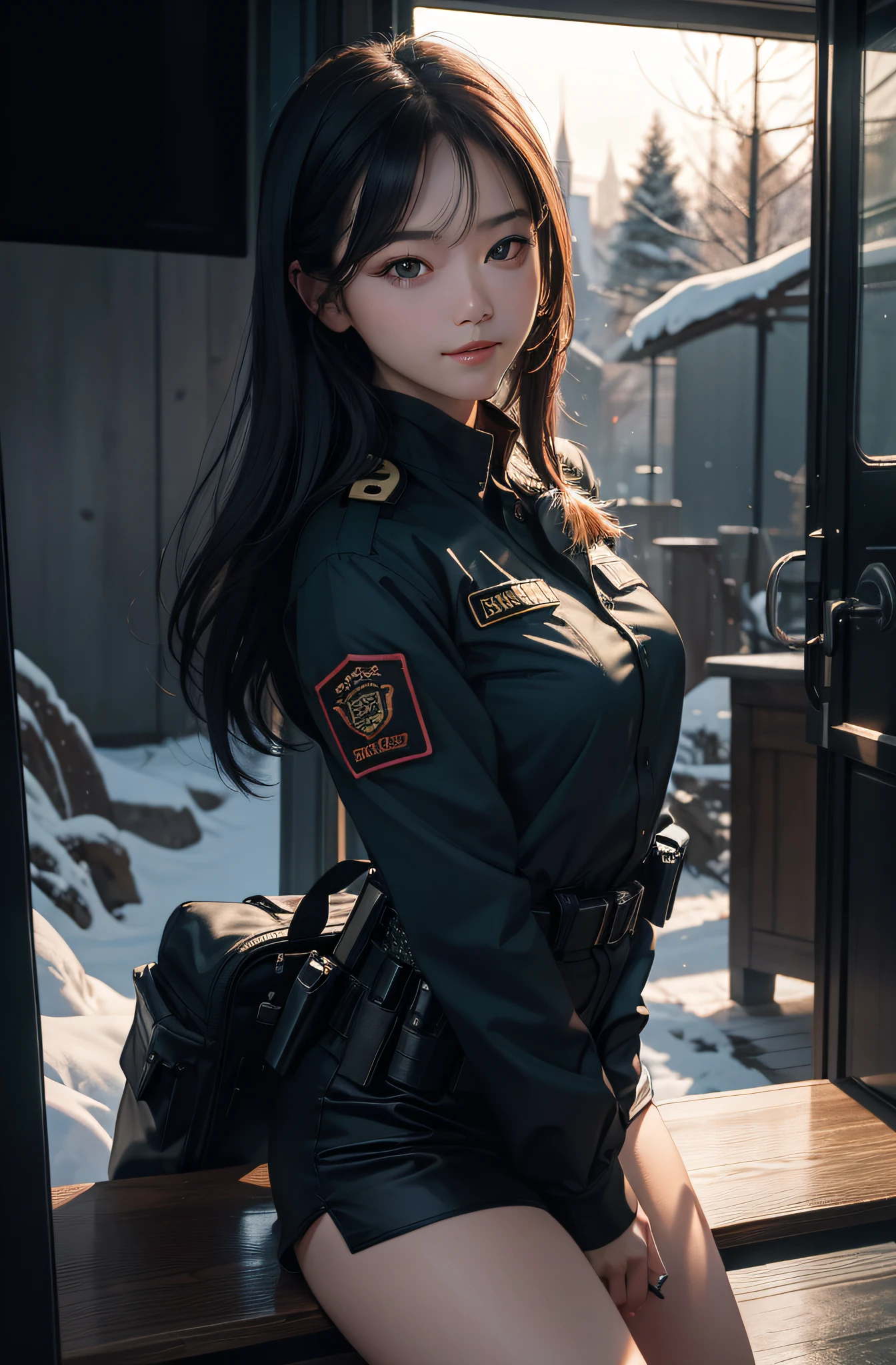 best qualtiy，tmasterpiece，超A high resolution，（真实感：1.4），RAW photogr，1girll，（（Wearing a SWAT uniform：1.8）），in the darkness nigth，deep shading，low tune，cold light，Square face with charming eyes，A sweet smile，parks，lakes，the woods，（（Rose flower：1.5，）），A high resolution