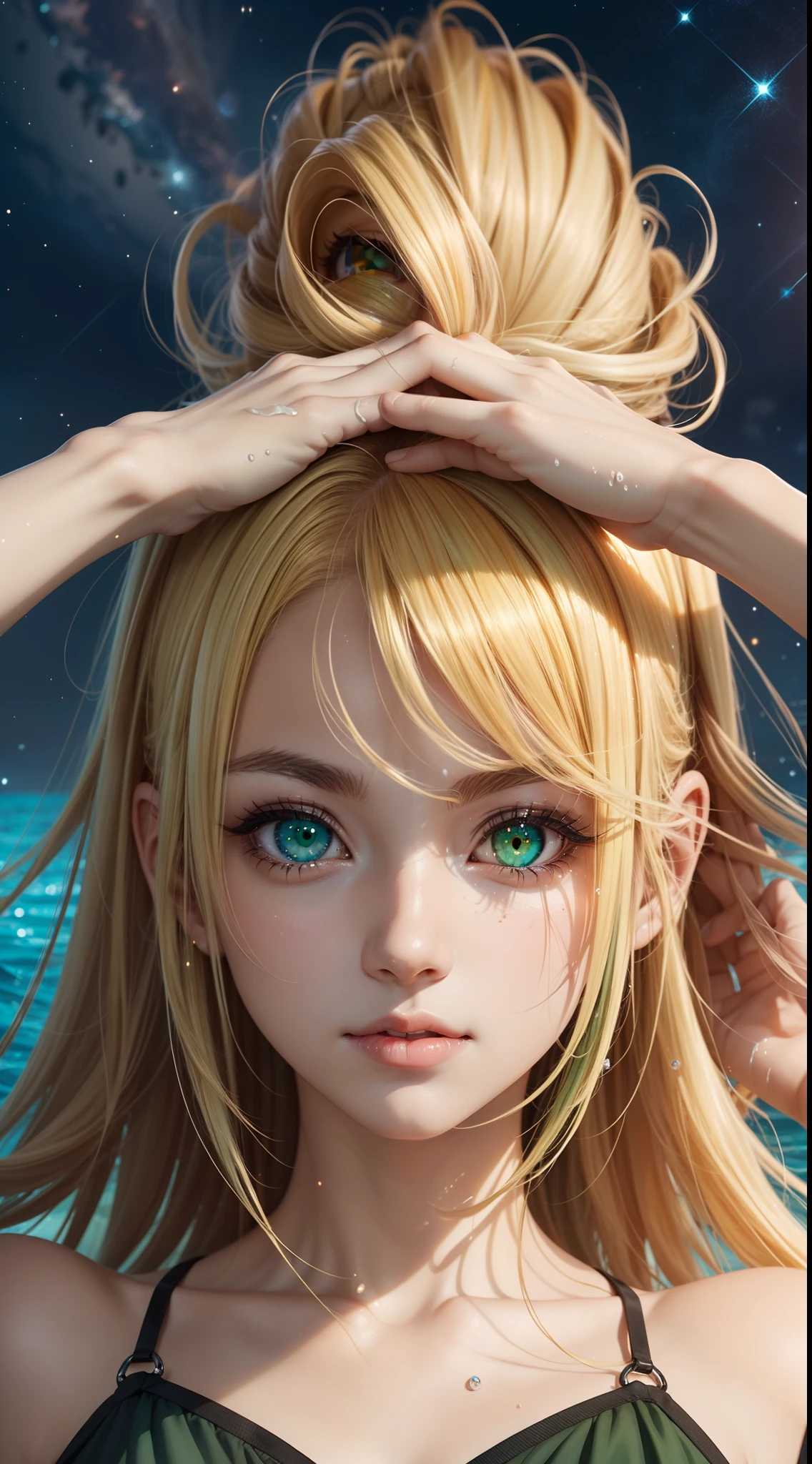 16k anime illustration quality，messy blond hair，Watery yellow-green oversized eyes，The graded pupils are like a sea of stars，Detailed description of heterochromia，Asymmetrical face shape，The corners of the mouth are slightly upturned