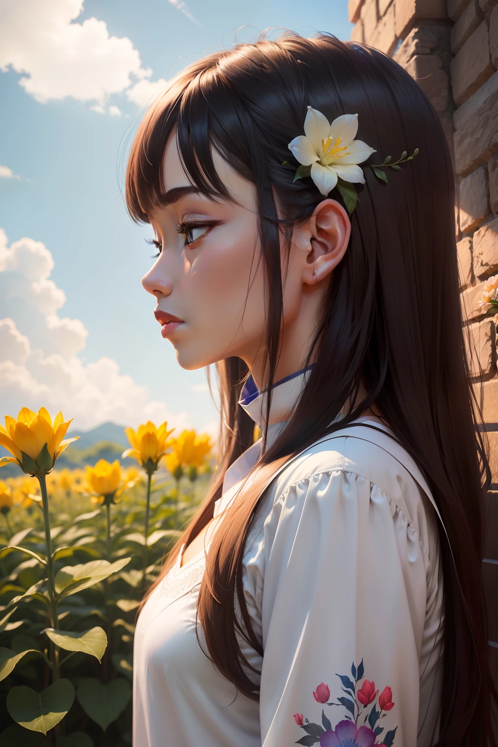 Beauty Pure Plain Xi Shi with Kelsang flowers and blue sky as the background Side backlight