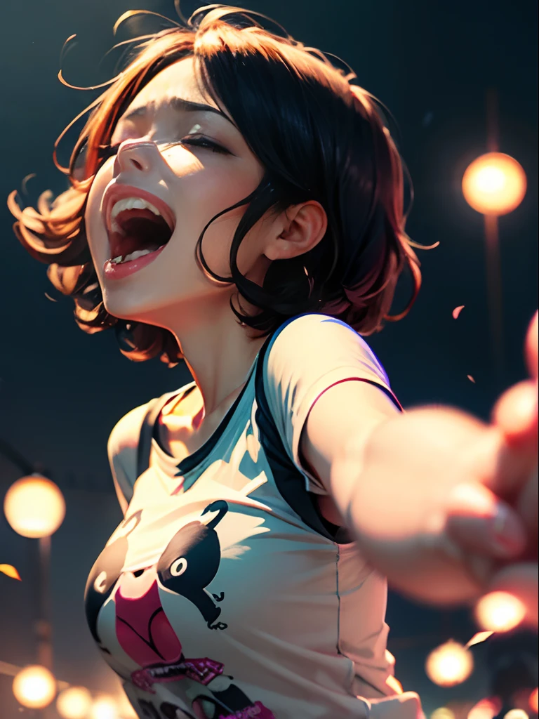 ((Screaming)),Reaching the climax:1.3,One girl closing her eyes, short-cut、masutepiece、Bottoms are randomly generated、( Snake illustration printed shirt )、Dark hair、GI Cut、Background bokeh:1.5