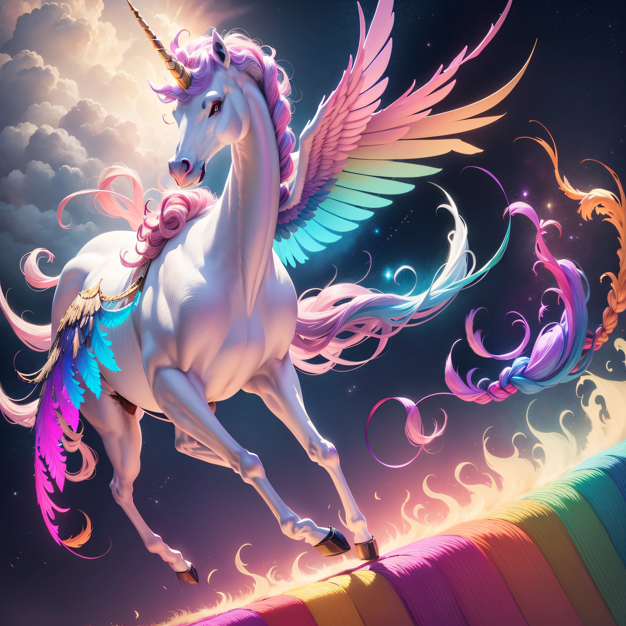 Drawing of a unicorn with a long mane and a colorful tail, flying mythical beasts, mythical whimsical creatures, author:Caroline Chariot-Dayez, mythological creatures, a mythical creature, unicorn flying in the sky, Wings of Fire, mythological creatures, inspired by Tawaraya Sōtatsu, A unicorn, jen bartel, artwork of a phoenix, Pegasus, unicorn