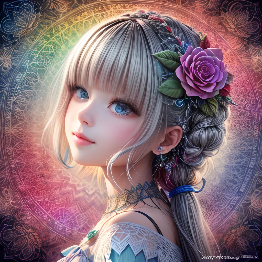 Rainbow Colors theme，paper art，masutepiece，3d rendered，ighly detailed, in spring，1girll, closing eye，ssmile，cabelos preto e longos，Rose, (Zentangle:1.2), (Geometry:1.2)，cinematic lighting effect，4K