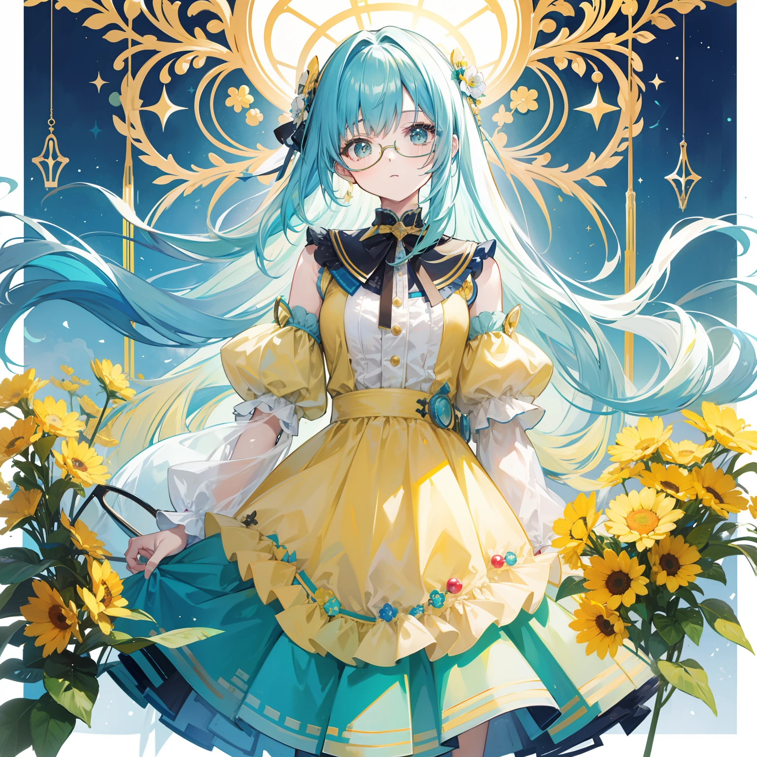 Long light yellowish blue hair,Plain yellow-blue matching clothes,There are green and reddish brown ornaments as embellishments,With black-framed glasses,She is a cute intellectual beautiful girl