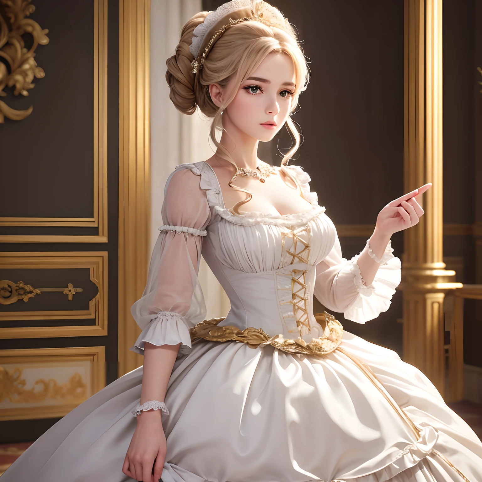 top-quality(Highest Quality) , High quality(hiquality)　etc ○○ detailed – ○○ details ultra detailed(Ultra-fine ) , Extremely detailed(Extremely detailed) , Finely detailed(Fine-grained)　etc ○○ res – ○○ resolution ultra high res(超A high resolution) , very high res(hight resolution)　etc Realistic – Realistic Photorealistic – photorealistic beautiful – beautiful 4k , 8K , 16K – 4K image quality , 8K , 16k distinct – clearly Best Aesthetic – Supremely Aesthetic ，Marie Antoinette，Palace of Versailles，medieval times，ue，（（1girl in）），up hairstyle，French dress，（（Ankle-length long dress）），rokoko，pannier，hoop skirt，Perfect fingers