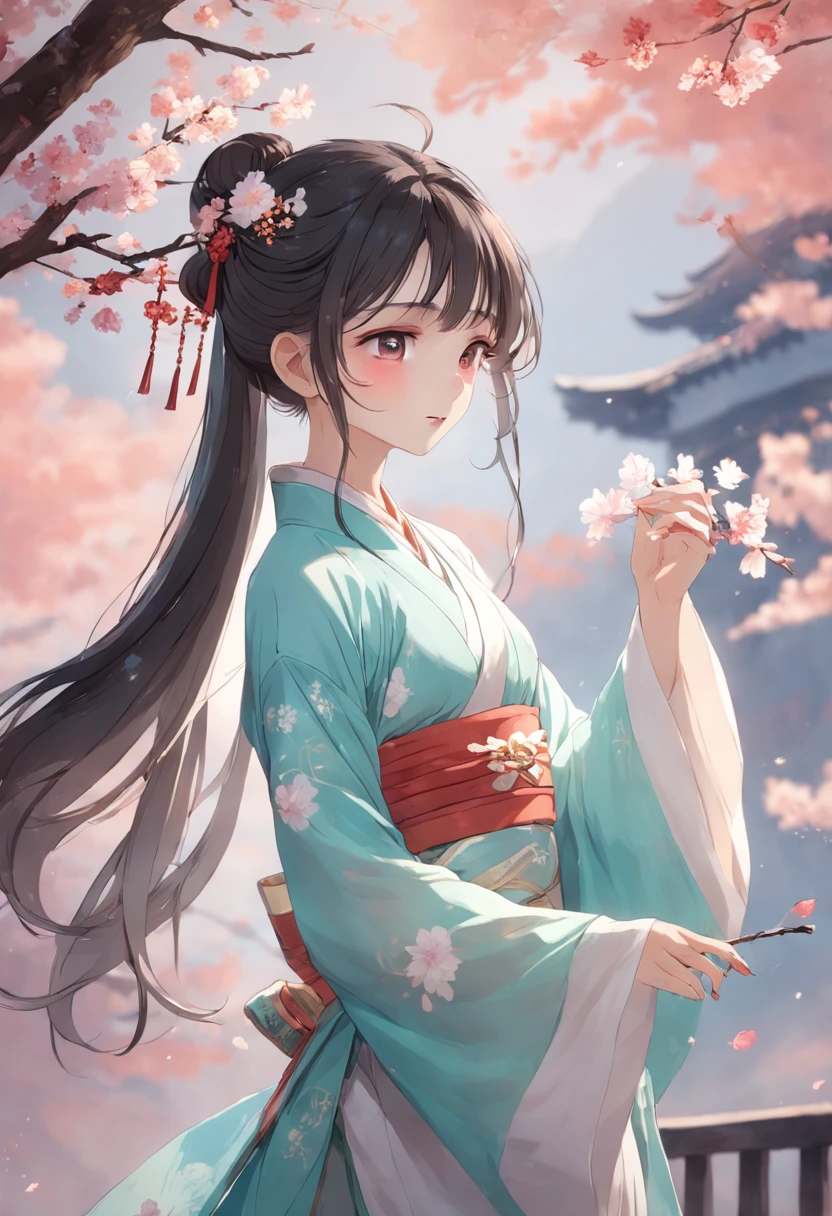 Miss Hanfu,Elegant literature,Fresh and natural,Flowers,The costumes are gorgeous,Exquisite details,Bright soft light,Gentle smile,Pastel tones,The breeze is blowing,Ancient rhyme.