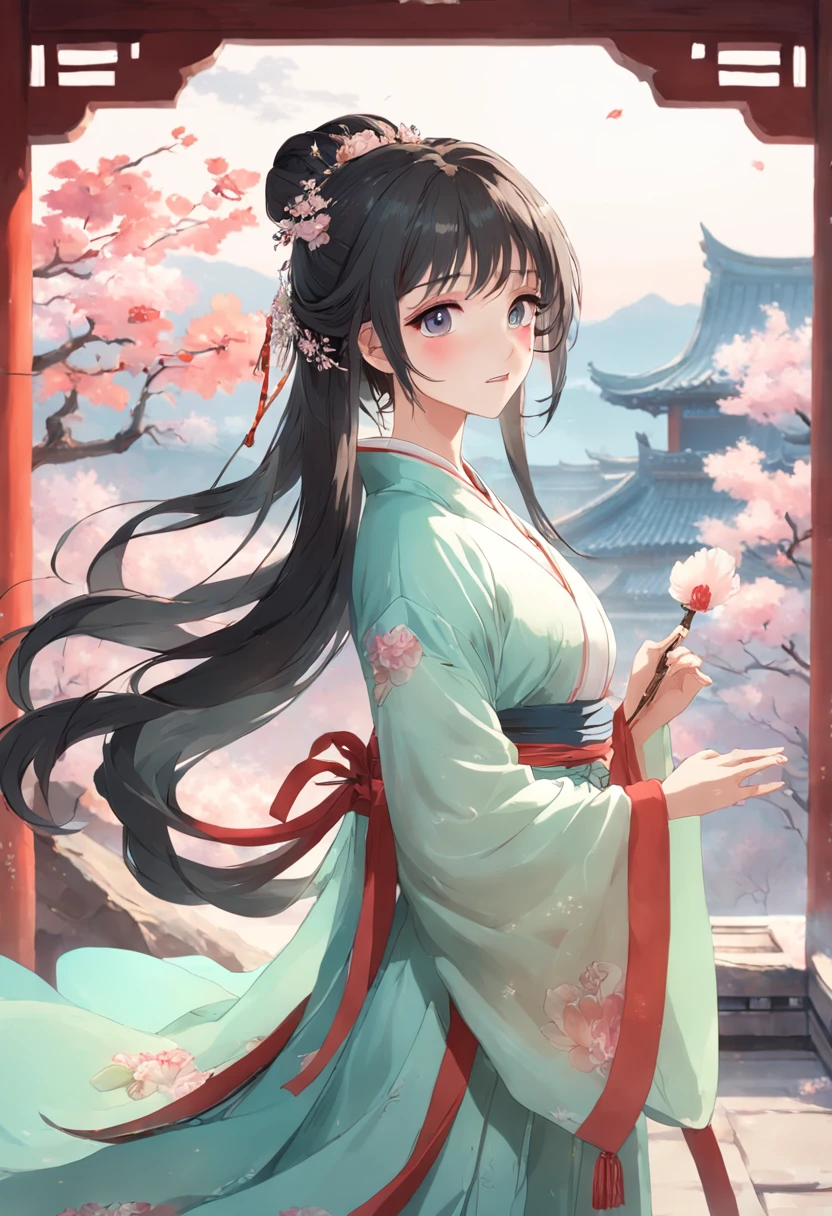Miss Hanfu,Elegant literature,Fresh and natural,Flowers,The costumes are gorgeous,Exquisite details,Bright soft light,Gentle smile,Pastel tones,The breeze is blowing,Ancient rhyme.