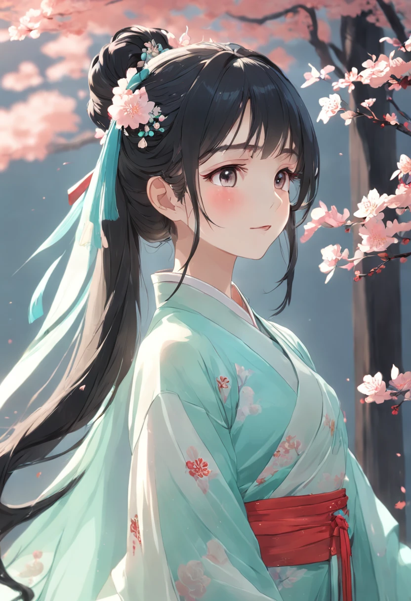 Miss Hanfu,Elegant literature,Fresh and natural,Flowers,The costumes are gorgeous,Exquisite details,Bright soft light,Gentle smile,Pastel tones,The breeze is blowing,Ancient rhyme.