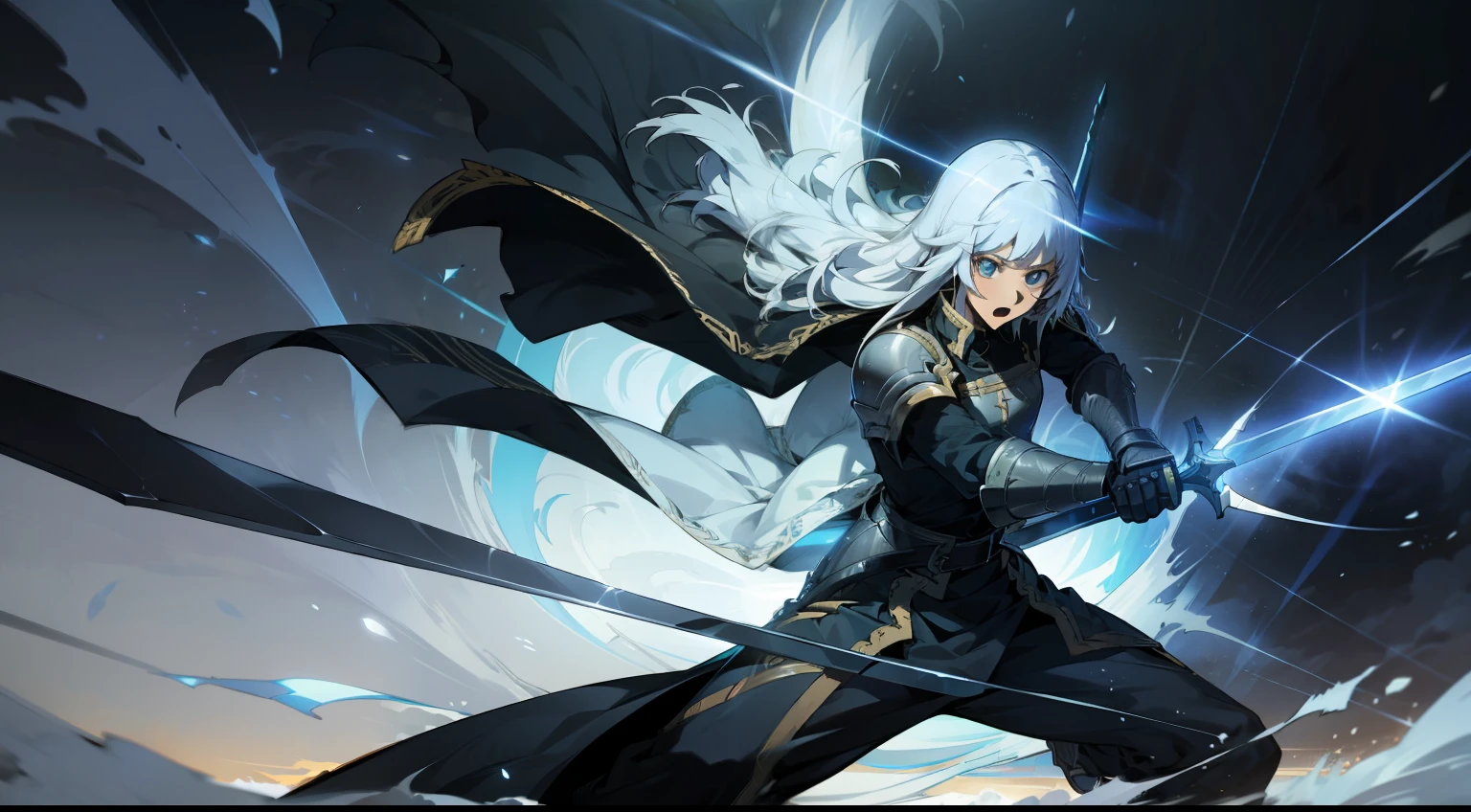 In this captivating digital illustration, Luna Runcandel's concept from Sword Art Online comes to life in an epic battle pose. Luna is fiercely determined, his sword gripped tightly in his hand, surrounded by dynamic manga-style effects. Uma aura radiante de poder a envolve, enhancing your warrior aura. Seus cabelos varridos pelo vento aumentam a intensidade da cena, How the digital domain brings out every intricate detail of your armor. A temperatura de cor inclina-se para tons frescos, enfatizando a atmosfera de batalha iluminada pela lua. His focused expression reflects the determination to overcome any challenge. Skillful lighting highlights the interplay of shadows and highlights, creating a sense of depth and action. --V 5 --Estilizar 1000