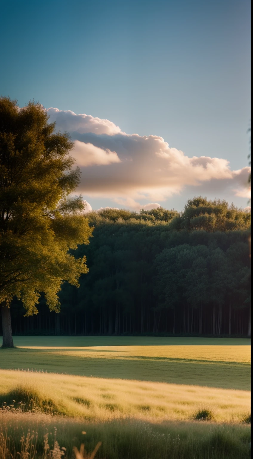 tmasterpiece，Photographic realism style，SLR shooting effect，8K，best qualtiy，Perfectcomposition，super detailing，A high resolution，wide wide shot，Natural soft light，large grassland，the trees，flock，with blue sky and white clouds