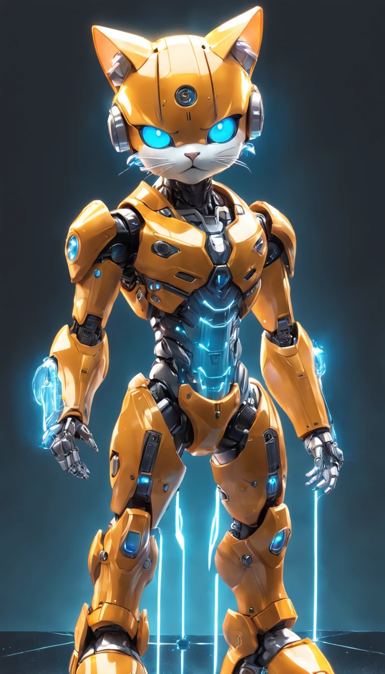 robotic cat, (Blind box toy style:1.2), (Full body shot) , 1 Transparent Boy,Behind him is a transparent cute robot cat, Transparent mech, Exquisite helmet:1.2, Luminous goggles:1.2, Cyberpunk, dreamy glow, luminous neon lights, Clean, White background, ( Global illumination, Ray traching, hdr, unreal render,reasonable design, high detal, Masterpiece, Best quality, hyper HD, Cinematic lighting)