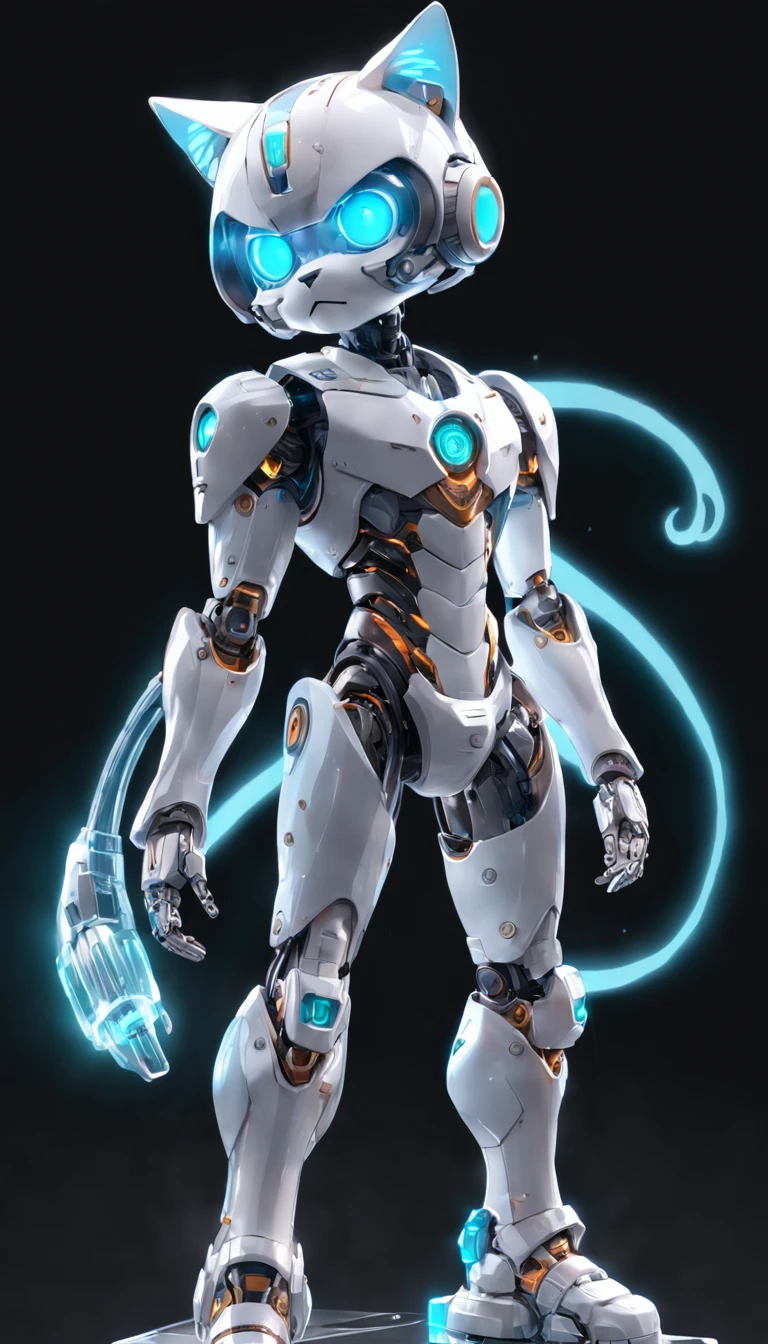robotic cat, (Blind box toy style:1.2), (Full body shot) , 1 Transparent Boy,Behind him is a transparent cute robot cat, Transparent mech, Exquisite helmet:1.2, Luminous goggles:1.2, Cyberpunk, dreamy glow, luminous neon lights, Clean, White background, ( Global illumination, Ray traching, hdr, unreal render,reasonable design, high detal, Masterpiece, Best quality, hyper HD, Cinematic lighting)