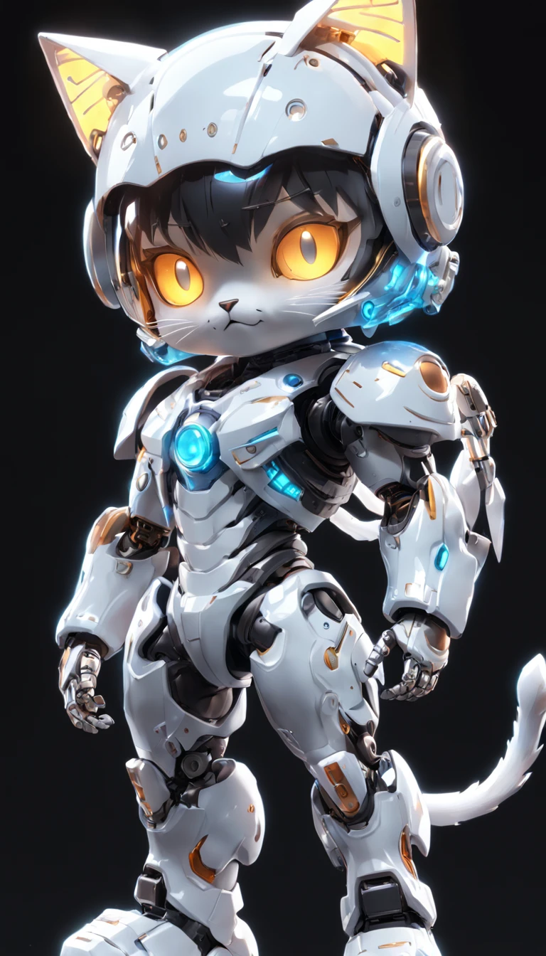 robotic cat, (Blind box toy style:1.2), (Full body shot) , 1 Transparent Boy,Behind him is a transparent cute robot cat, Transparent mech, Exquisite helmet:1.2, Luminous goggles:1.2, Cyberpunk, dreamy glow, luminous neon lights, Clean, White background, ( Global illumination, Ray traching, hdr, unreal render,reasonable design, high detal, Masterpiece, Best quality, hyper HD, Cinematic lighting)