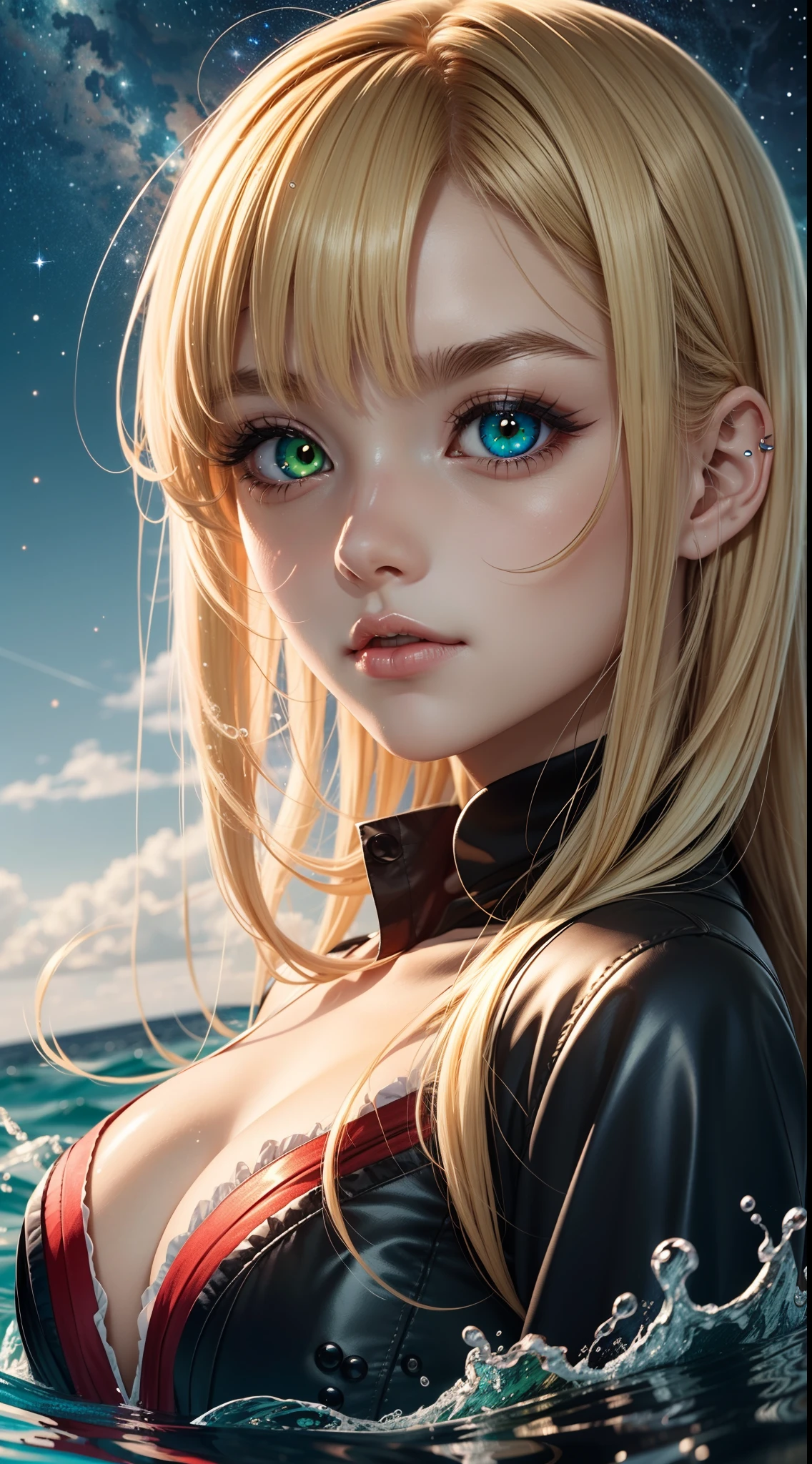 16k anime illustration quality,messy blond hair,Watery red, blue, yellow-green oversized eyes,Graded eyes are like a sea of stars,Detailed description of heterochromia,Asymmetrical face shape,The corners of the mouth are slightly upturned
