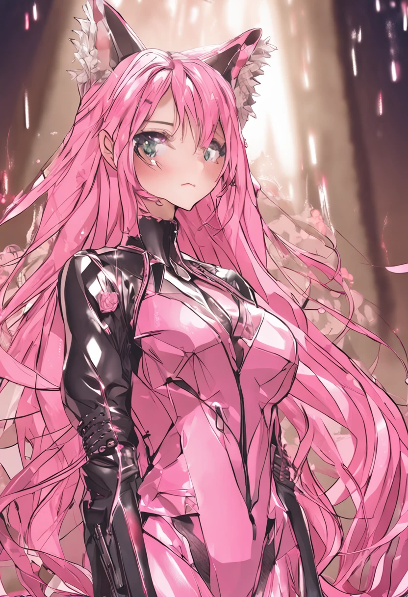 Long pink hair,20yr old,The chest is large,Broke his clothes,Hands are normal,The fingers are delicate,There are no clothes on the body。Hair length 2M,170cm tall,Wearing silver crystal heels,Heel length 10cm,The toes are delicate,Cat ears on the head,Standing,Bathing room,Long hair hanging to the ground