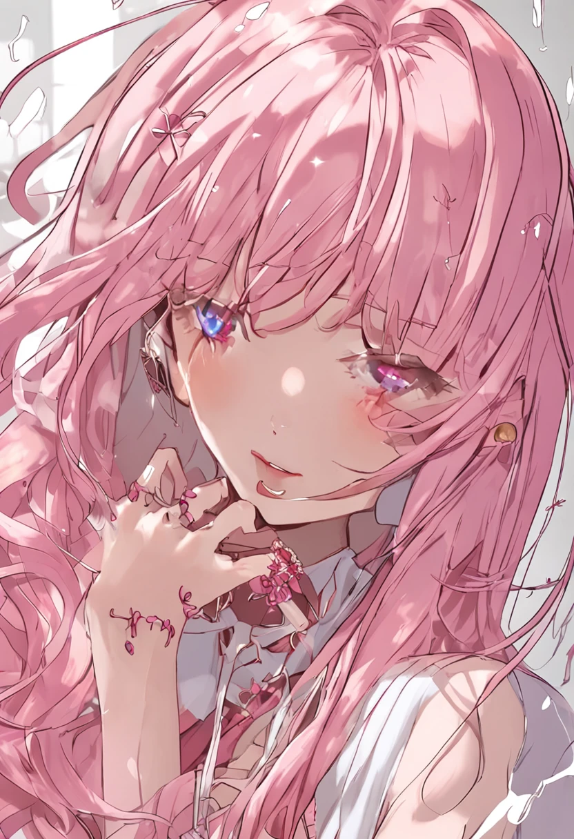 Long pink hair,20yr old,The chest is large,Broke his clothes,Hands are normal,The fingers are delicate,There are no clothes on the body。Hair length 2M,170cm tall,Wearing silver crystal heels,Heel length 10cm,The toes are delicate,Cat ears on the head,Standing,Bathing room,Long hair hanging to the ground