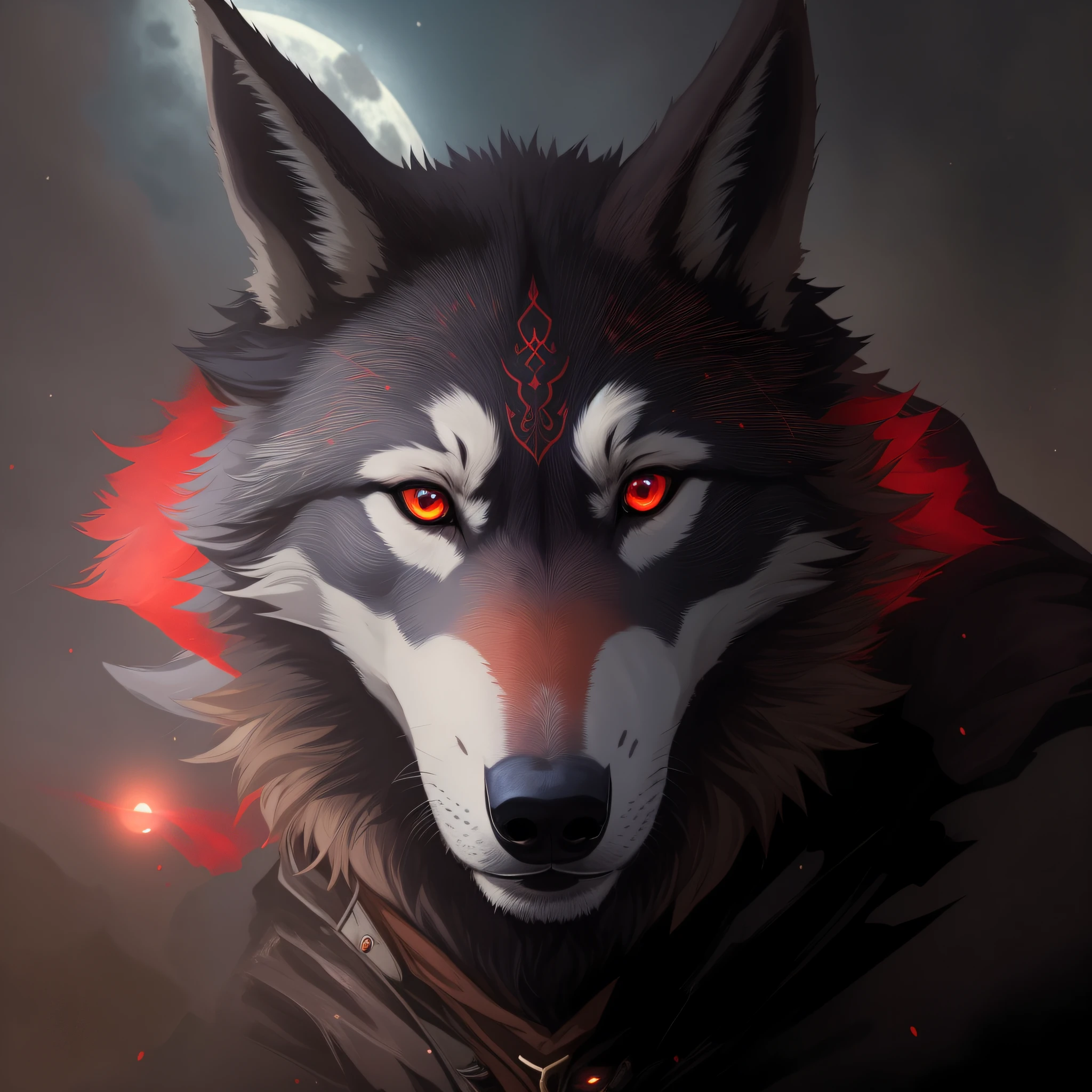 Anime wolf with red eyes and a full moon in the background, fantasy wolf portrait, wolf, with glowing red eyes, den wolf face, with glowing red eyes, badass anime 8k, wolf portrait, He has wolf eyes yellow, alpha wolf head, shaggy wolf, big wolf, glowing red eyes, Sakimi, anthropomorphic wolf, wolf head