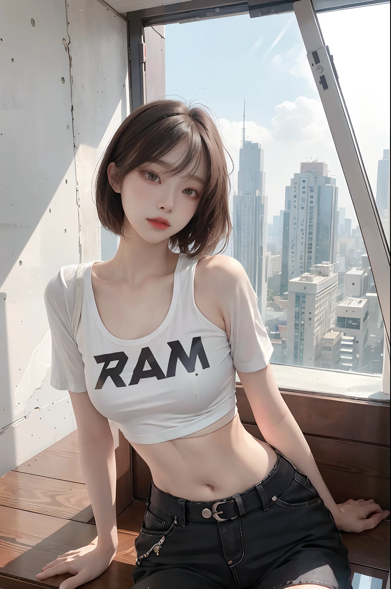 Top image quality、Raw photography、超A high resolution、An 18-year-old woman、Shooting for one person only、modelshoot、big round chest、tshirts、short trousers of black color、Beautiful Eyes of Details、very elongated eyes、Beautiful eyelashes、Beautiful double eyelids、white walls、very slender legs、Shorthair with light brown hair、very slender physique、Very small buttocks