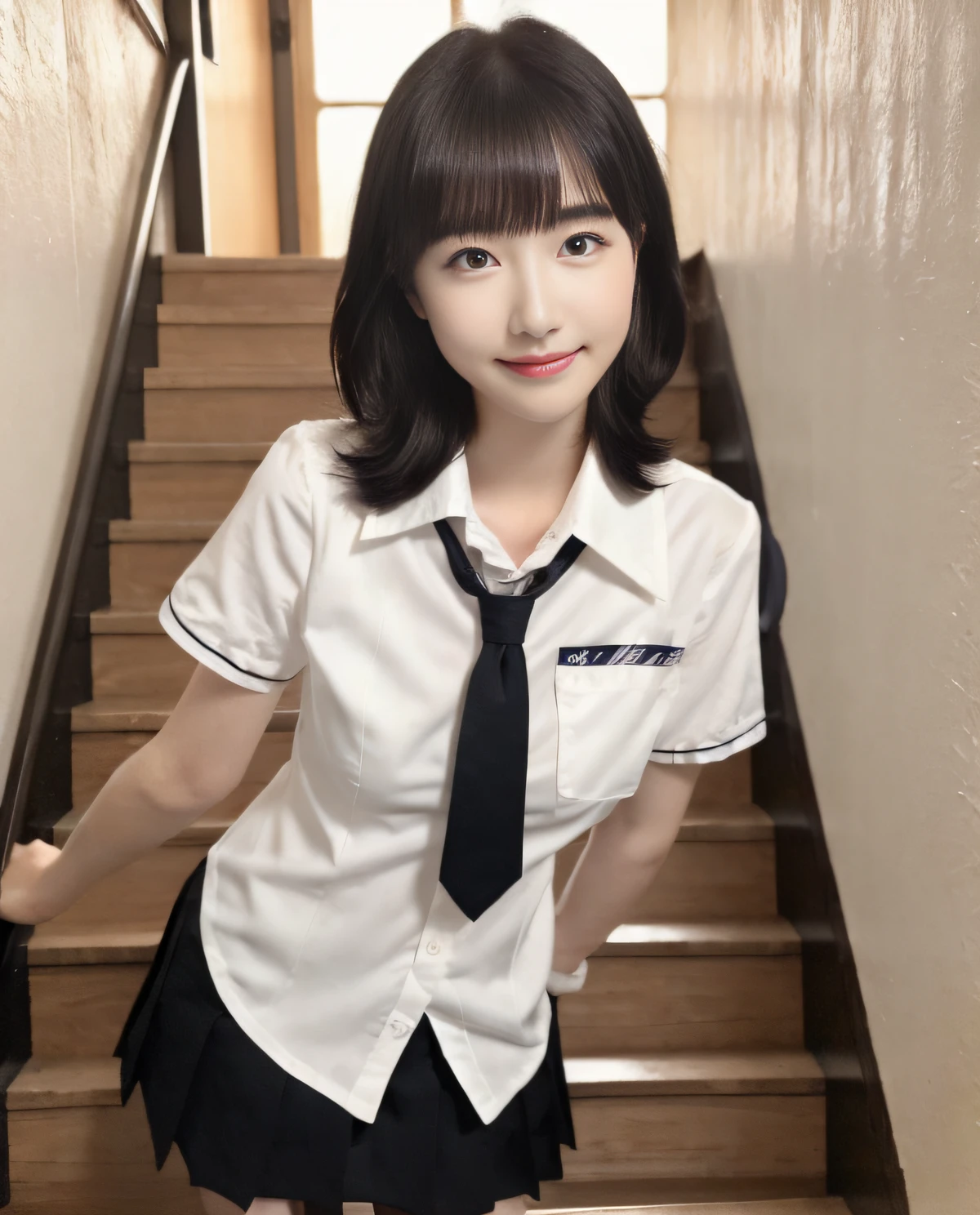 Japanese student uniform、Summer School Uniform Shirts、Ribbon tie、skirt by the、Bright blonde hair、stairs at school、Descending the school stairs、Chest thrusting pose、Pose to show off your breasts、8K RAW Photos、hight resolution、((Cute Japan ))、huge tit、Milk that seems to burst、Firm milk、beautiful eyes finely detailed、long eyeslashes、Beautiful double eyelids、eyeshadows、eye line、、evil smile、Evil look、beautiful and very thin legs、beautiful and very thin thighs,、Random Medium Hair、耳环、
