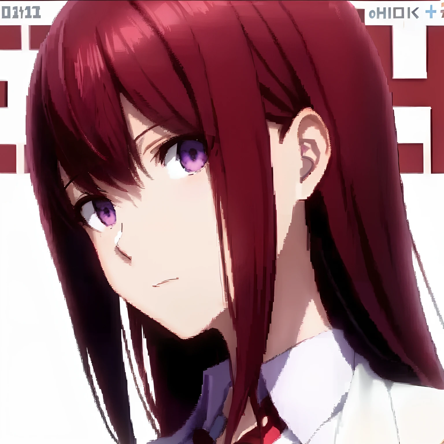 Anime girl with long red hair and purple eyes in a white shirt, kurisu makise, makise kurisu, kurisu makise steins gate anime, close up iwakura lain, ( ( ( yoshinari yoh ) ) ), iwakura lain, screenshot from a 2012s anime, sankakucomplex anime image
