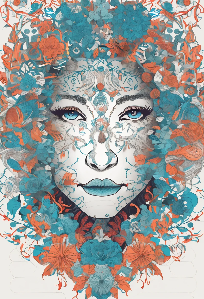 (White background:1.4),(Silhouette of a girl's head, Eyes closed, colorfull long hair, Oriental elements)，(Chinese illustration:1.3，paper art:1.3, Quilted paper art:1.2),( reasonable design, Clear lines, High sharpness,Best quality, Very detailed, Masterpiece, movie light effect, 4K )，Ocean blue eyes，The eyeballs are snowflakes，（largeeyes：1.5），sideface，ssmile，A masterpice