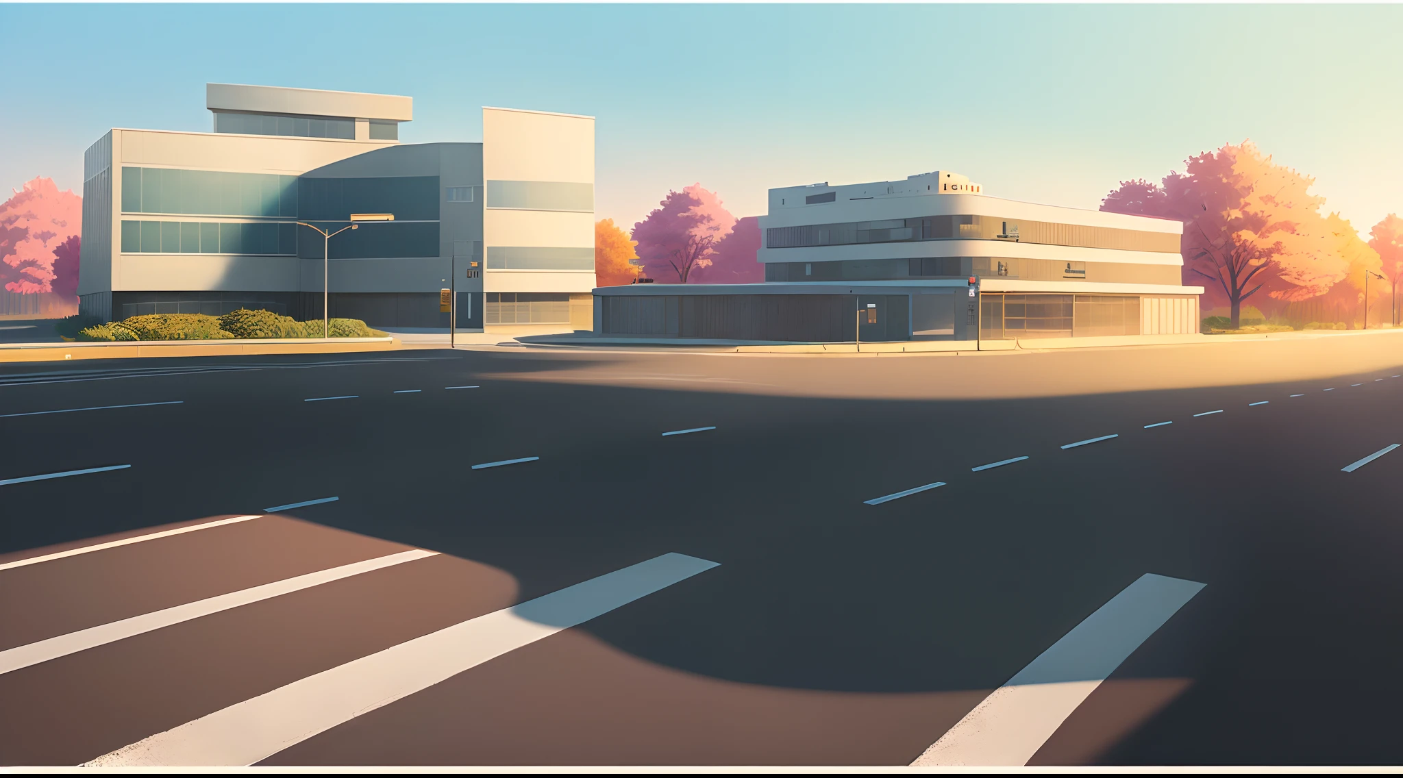 There is a cartoon picture of a building on the side of the road, Visualized illustration, random background scene, Digital Rendering, detailed 2d illustration, highly detailed scene, Anime style, Sunny day, asphalt, the trees
