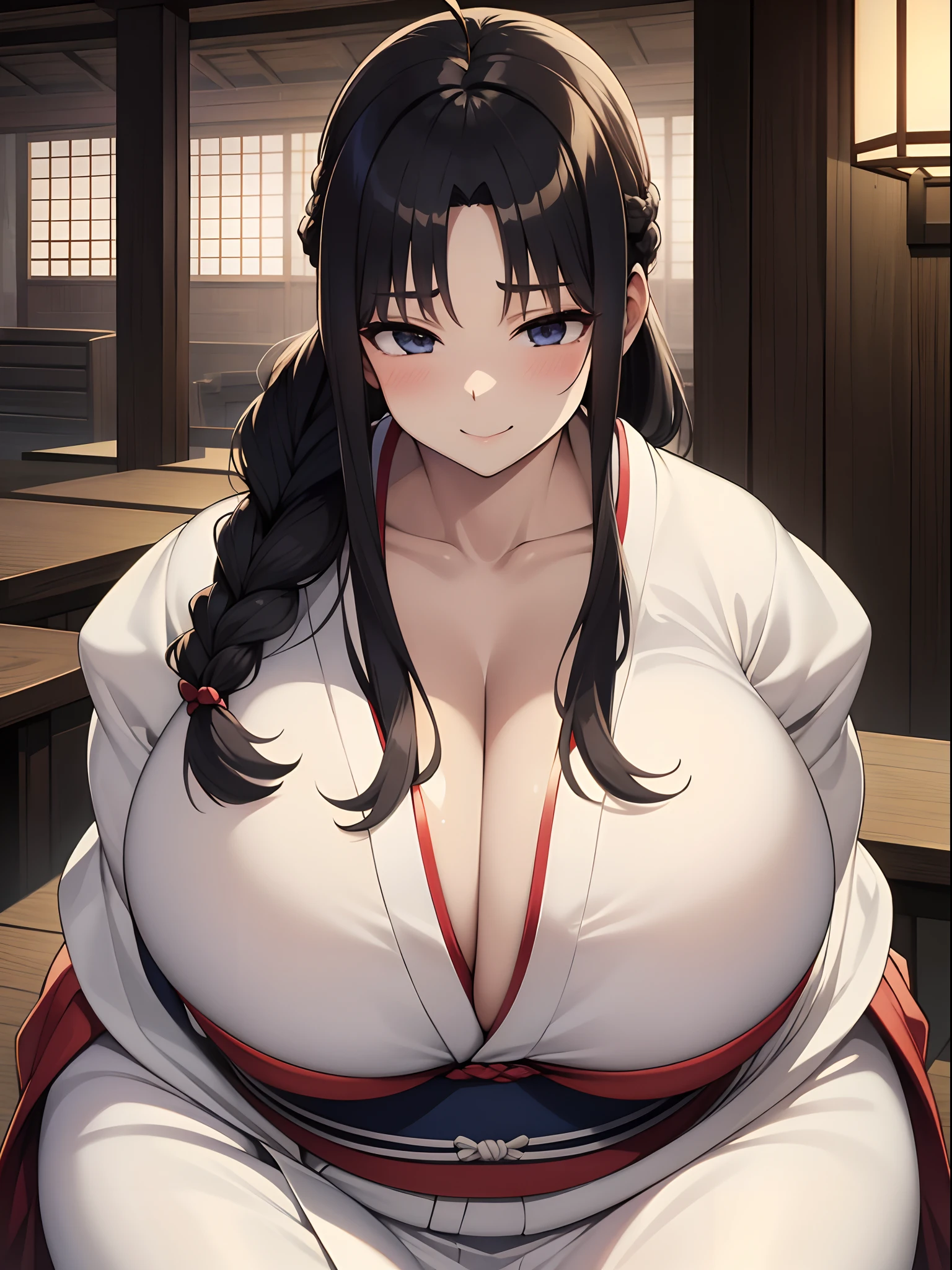 (8K、top-quality、​masterpiece)、Taisho Era、japanese kimono、Beautiful adult woman、Graceful,((Super huge　Colossal　Colossal　massive chest)),Pensive、boredom、Sentimental、suffocating、Enlightened smile、long-haired with black hair、Ahoge、braid ponytail、musculature、Muscular beauty、Muscle Beauty、