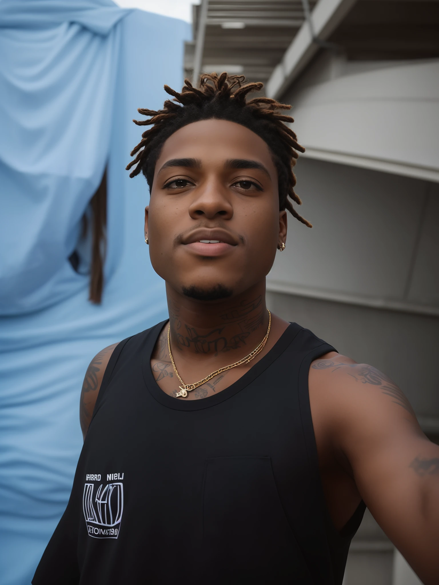 There's a man with dreadlocks standing in front of a building, imagem frontal, em torno de 1 9 anos, imagem de qualidade muito baixa, Fotografia Selfie 8k, Selfie de um homem, xxxtentacion, man is with black skin, foto Selfie, Selfie!!!!! de um homem, adolescente negro, taken with the best dlsr camera, fotografia de baixa qualidade