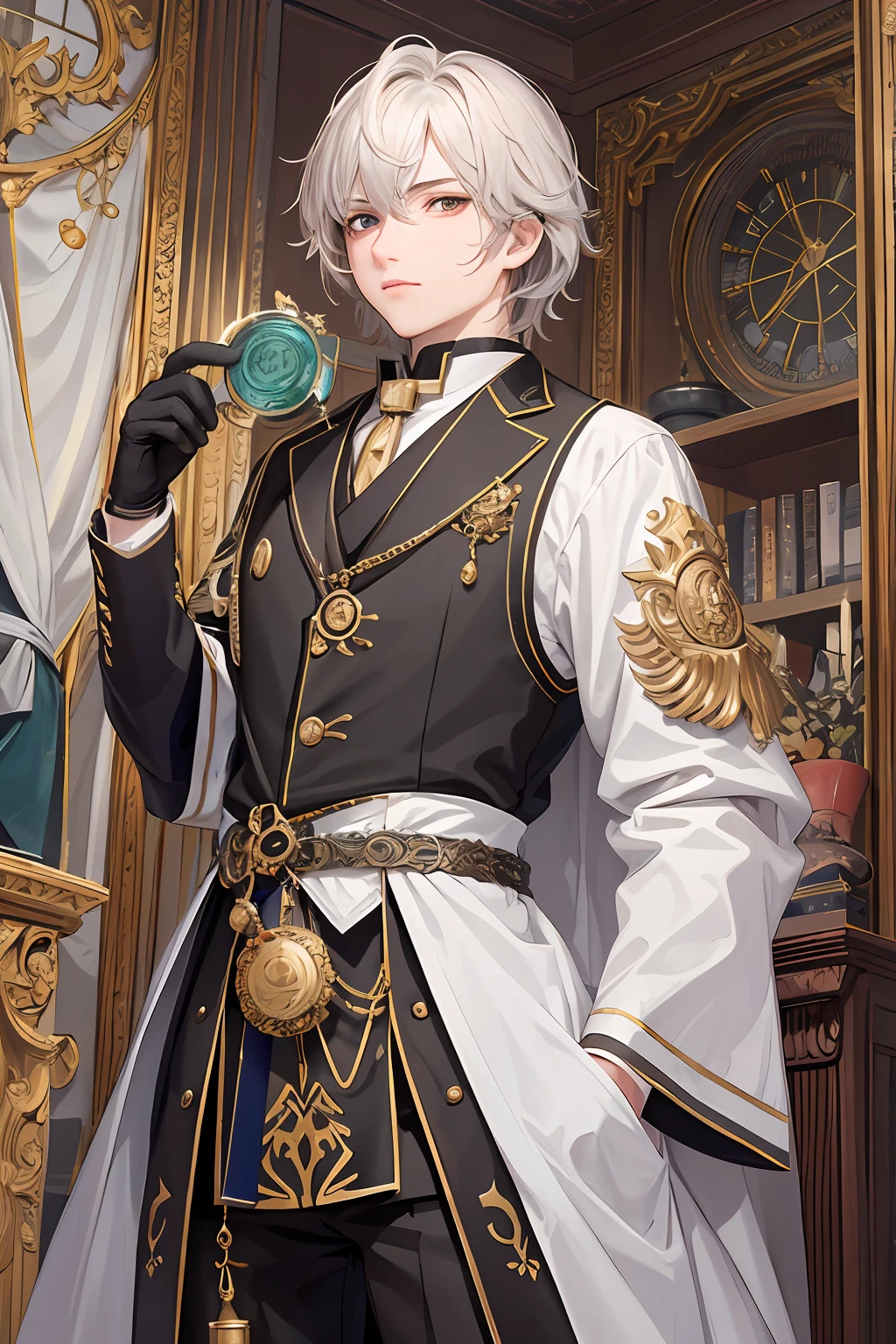 (tmasterpiece,top Quority,best qualtiy,offcial art,Beauty and aesthetics:1.2),(1boys:1.3),Extremely detailed,plethora of colors,Most detailed((ultra - detailed)),(highly detailed CGillustration),((Very fine and beautiful)1boys,Multi-gear,afloat,Alchemy World,part,Repair suits,Relaxed,Turning around,Look into the camera,Pocket watch in hand
