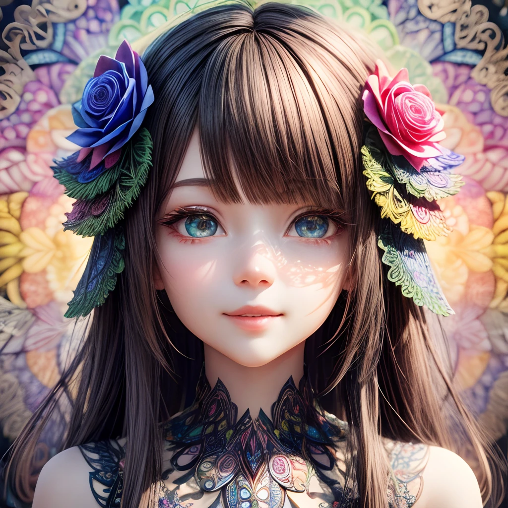 Rainbow Colors theme,paper art,masutepiece,3d rendered,ighly detailed, in spring,1girll, closing eye,ssmile,cabelos preto e longos,Rose, (Zentangle:1.2), (Geometry:1.2),cinematic lighting effect,4K