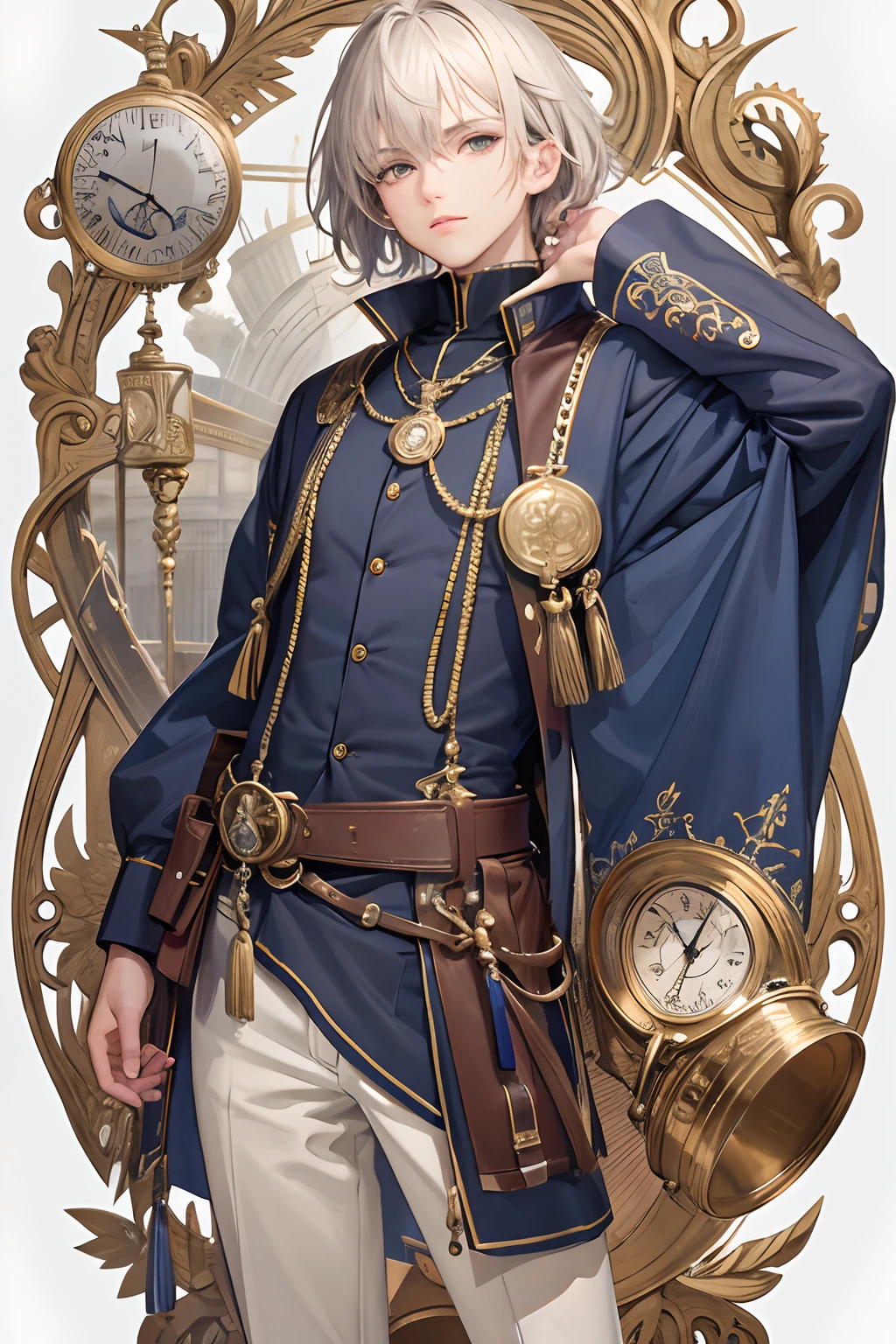 (tmasterpiece,top Quority,best qualtiy,offcial art,Beauty and aesthetics:1.2),(1boys:1.3),Extremely detailed,plethora of colors,Most detailed((ultra - detailed)),(highly detailed CGillustration),((Very fine and beautiful)1boys,Multi-gear,afloat,Alchemy World,part,Repair suits,Relaxed,Turning around,Look into the camera,Pocket watch in hand
