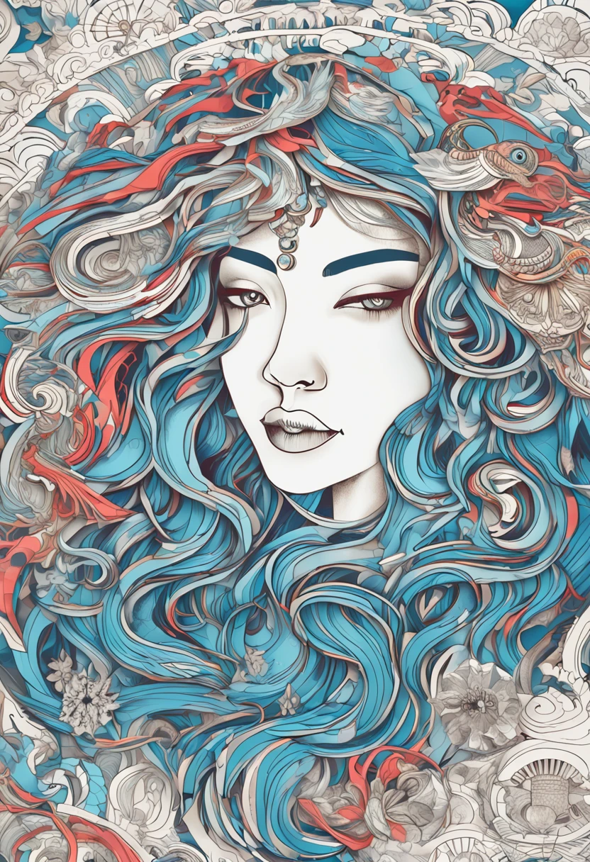 (White background:1.4),(Silhouette of a girl's head, Eyes closed, colorfull long hair, Oriental elements)，(Chinese illustration:1.3，paper art:1.3, Quilted paper art:1.2),( reasonable design, Clear lines, High sharpness,Best quality, Very detailed, Masterpiece, movie light effect, 4K )，Ocean blue eyes，The eyeballs are snowflakes，（largeeyes：1.5），sideface，ssmile，