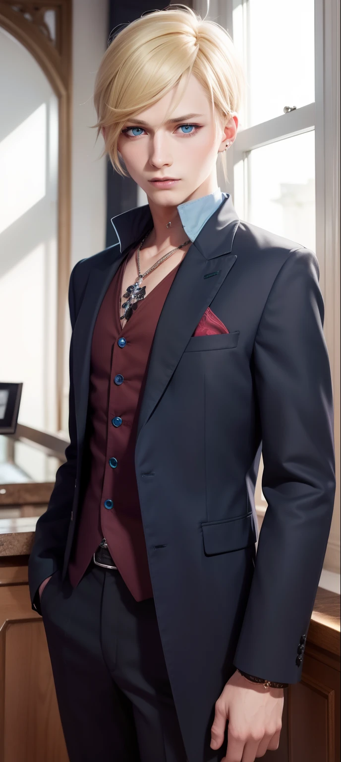 masterpiece, top-quality, 2Others, 1male people,, Adults, Height difference, different color, finely eye and detailed face, intricate detailes, Wizarding World Costumes, Inside the coffee shop, During the walk, A smile, Happiness, tenderness, youthfulness, high-level image quality、 beautiful man、tall、window、𝓡𝓸𝓶𝓪𝓷𝓽𝓲𝓬、British men, Idol Photos, k pop, Professional Photos, ((Vampire Man)), Fedoman with necklace, inspired by Sim Sa-jeong, androgynous vampire, :9 detailed face: 8, extra detailed face, detailed punk hair, ((Light blue eyes)) baggy eyes, Seductive. Highly detailed, semi realistic anime, Vampires, hyperrealistic , delicate androgynous prince, imvu, short hair above the ears, Man with short hair, Smiling, Gentle expression, ((British man with short blonde hair and light blue eyes)),