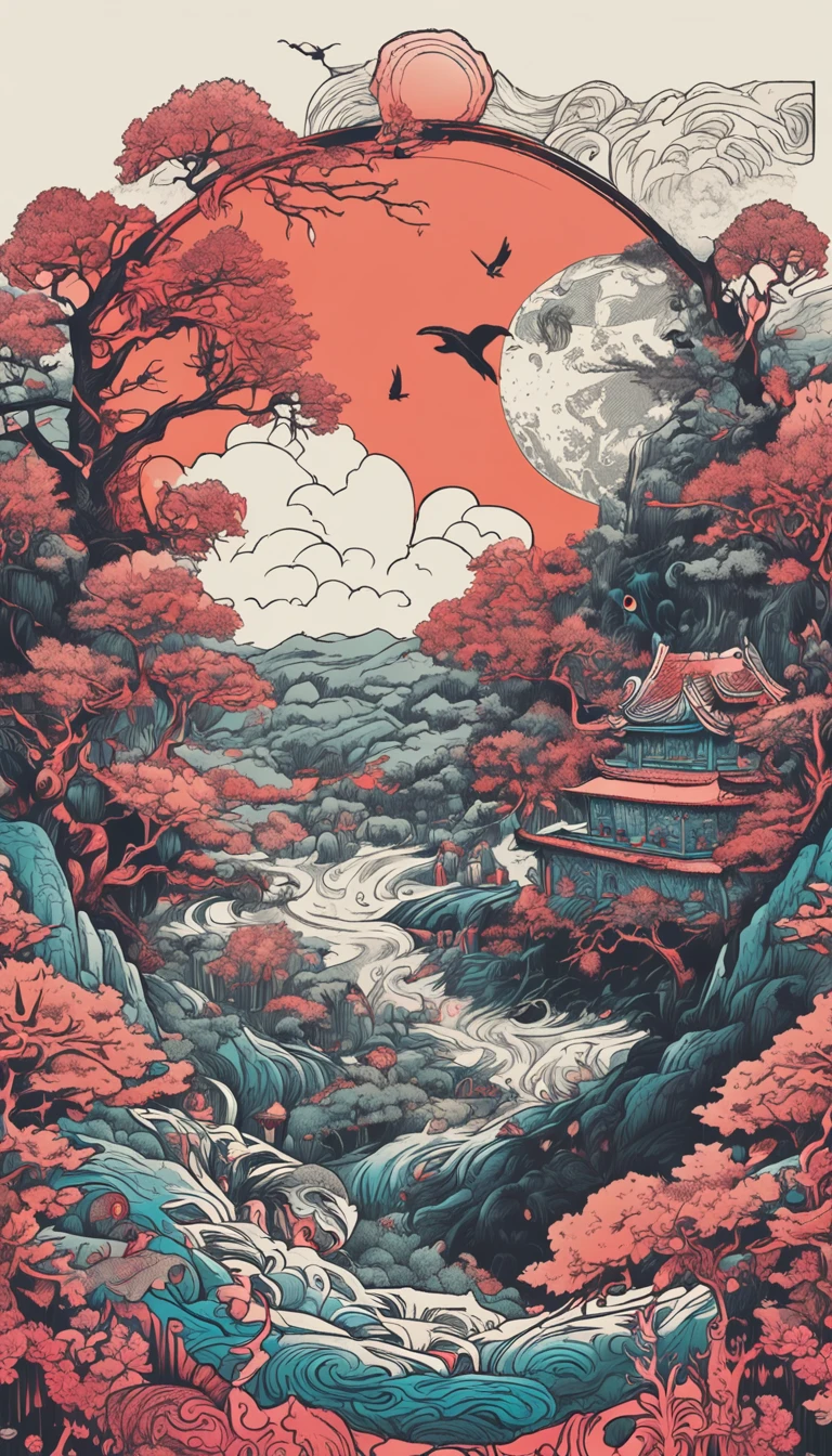 Yin & Young Perfect Symbol, Two parts in one art, double exposure, Yin & Yang was vertically split in two, The left side of the paper is the day, Fairies, On the right side of the paper is night, creepy, Complex Asian landscapes, Best Quality, Glittering, craola, by Dan Mumford, Andy Kehoe, 2D, Flat, Cute, Adorable, Vintage, Art on cracked paper, fairytale, Detailed illustration of the storybook, Cinematic, The ultra -The high-definition, detaile, Beautiful details, Mystical, luminism, Vibrant colors, Complex background ::n_ 。.3D, Framebook, Text, typo, low-quality, purah, 2 heads, 2faces, Tiling, poorly draw, ugliness, Poorly drawn face, Extra arms, Extra legs, a lot of cherry blossom