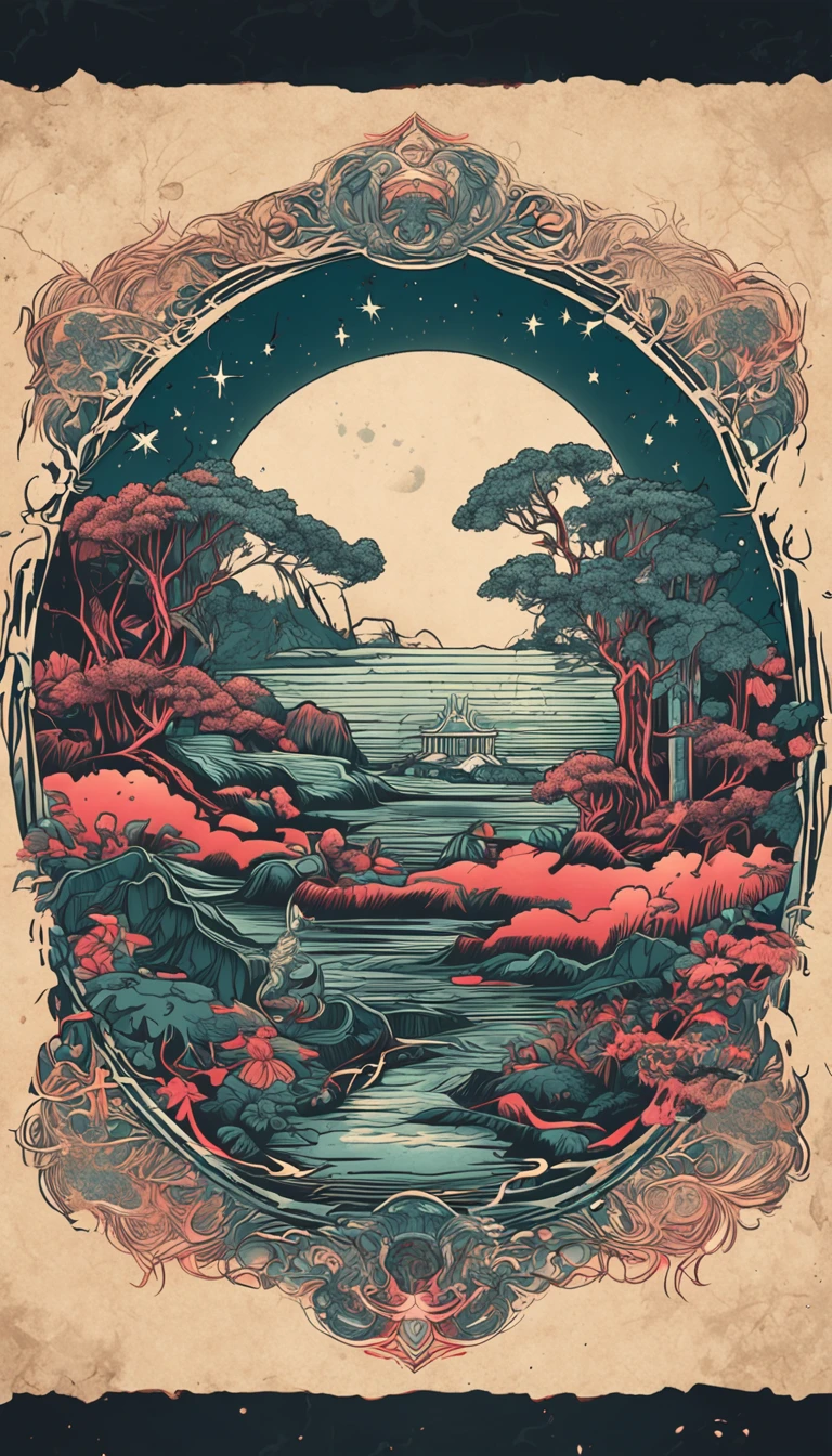 Yin & Young Perfect Symbol, Two parts in one art, double exposure, Yin & Yang was vertically split in two, The left side of the paper is the day, Fairies, On the right side of the paper is night, creepy, Complex Asian landscapes, Best Quality, Glittering, craola, by Dan Mumford, Andy Kehoe, 2D, Flat, Cute, Adorable, Vintage, Art on cracked paper, fairytale, Detailed illustration of the storybook, Cinematic, The ultra -The high-definition, detaile, Beautiful details, Mystical, luminism, Vibrant colors, Complex background ::n_ 。.3D, Framebook, Text, typo, low-quality, purah, 2 heads, 2faces, Tiling, poorly draw, ugliness, Poorly drawn face, Extra arms, Extra legs, a lot of cherry blossom