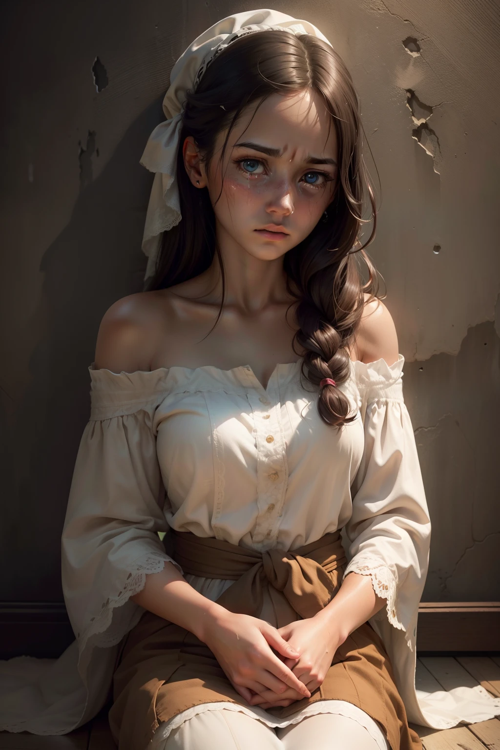 Best quality, masterpiece, ultra high res, (photorealistic:1.4), raw photo, (Authentic skin texture:1.3), (film grain:1.3), panorama, character portrait, very wide shot, narrow waist, cowboy shot, (in the dark, deep shadow, low key, cold light,) night, close-up, streaming tears,
indoor, dust, Tyndall effect, sad, disappointed, gloom (expression), sitting, (against wall), crying, frown, (head bowed), nervous, tearing up, lonely,
1girl, beautiful detailed eyes and face, white jabot, off shoulder, brown eyes,
