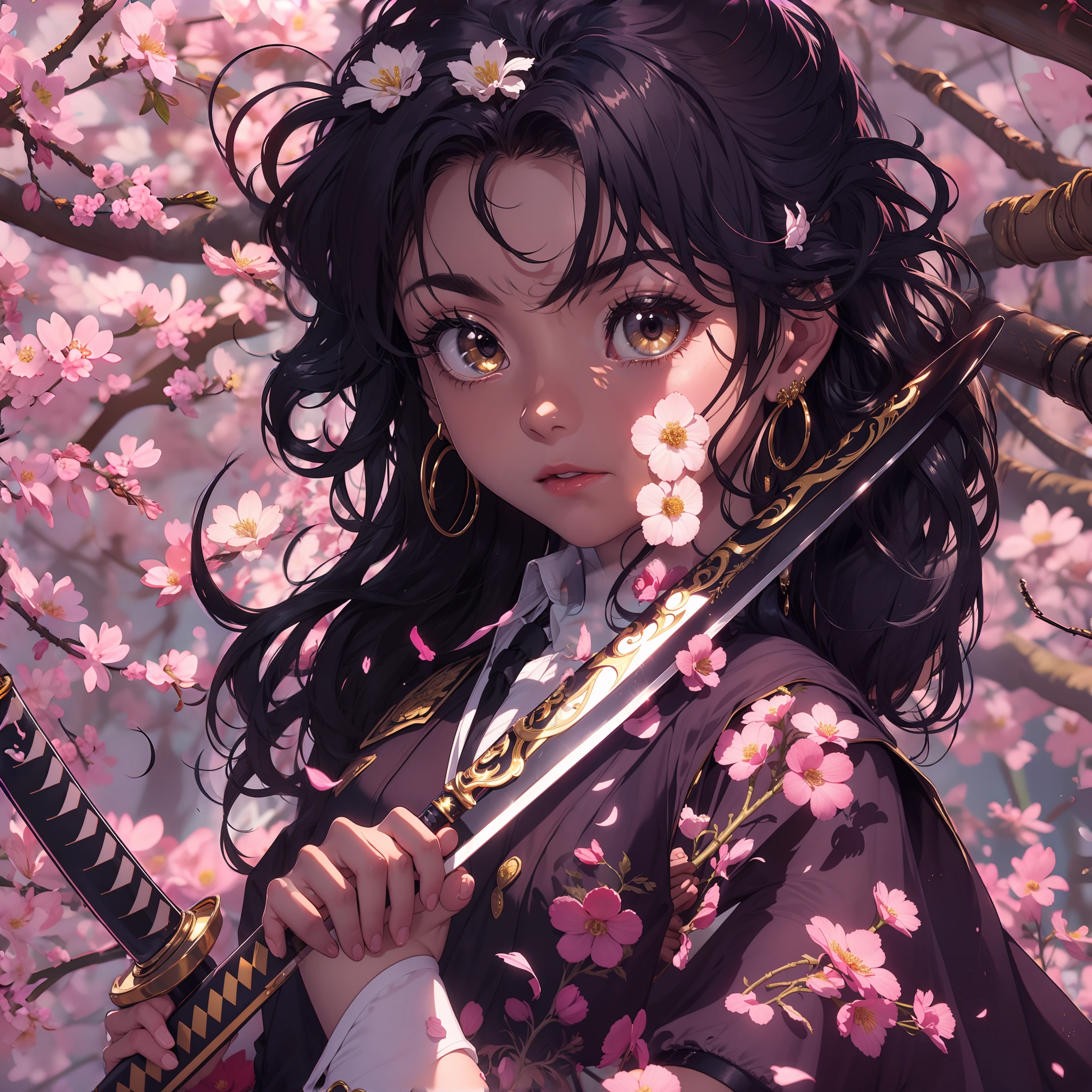 Dark skin, dark brown skin, demon slayer uniform, holding flower katana in hand, looking at camera, shiny curly black hair, gold flower earrings,